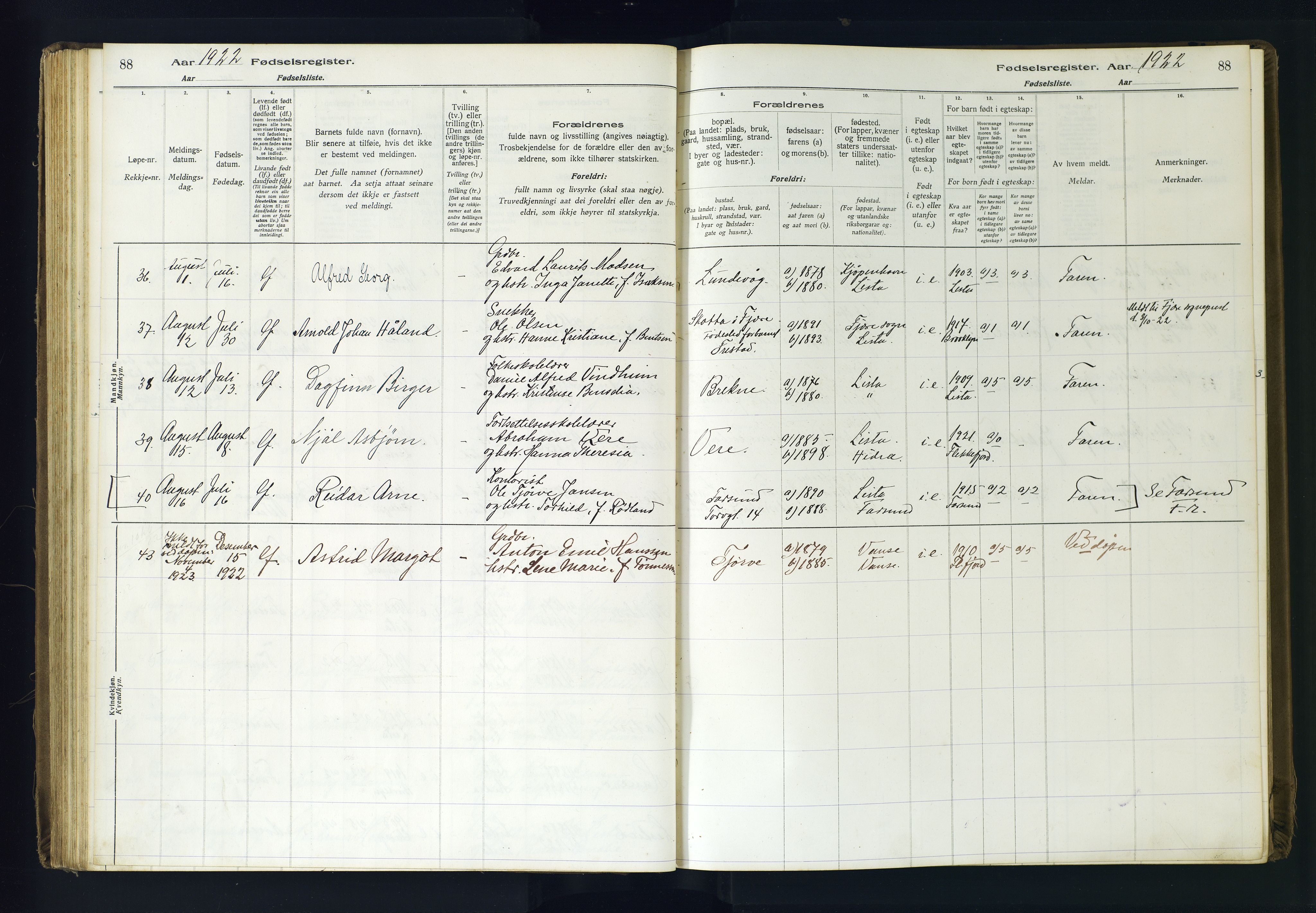 Lista sokneprestkontor, AV/SAK-1111-0027/J/Ja/L0001: Fødselsregister nr. A-VI-30, 1916-1934, s. 88