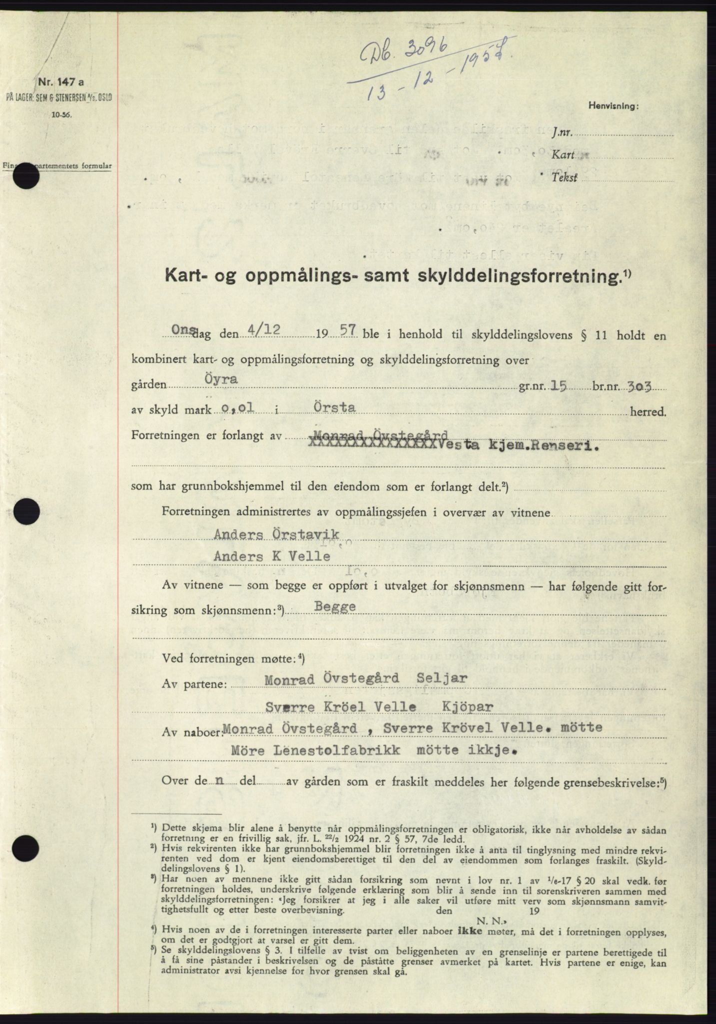 Søre Sunnmøre sorenskriveri, SAT/A-4122/1/2/2C/L0108: Pantebok nr. 34A, 1957-1958, Dagboknr: 3096/1957