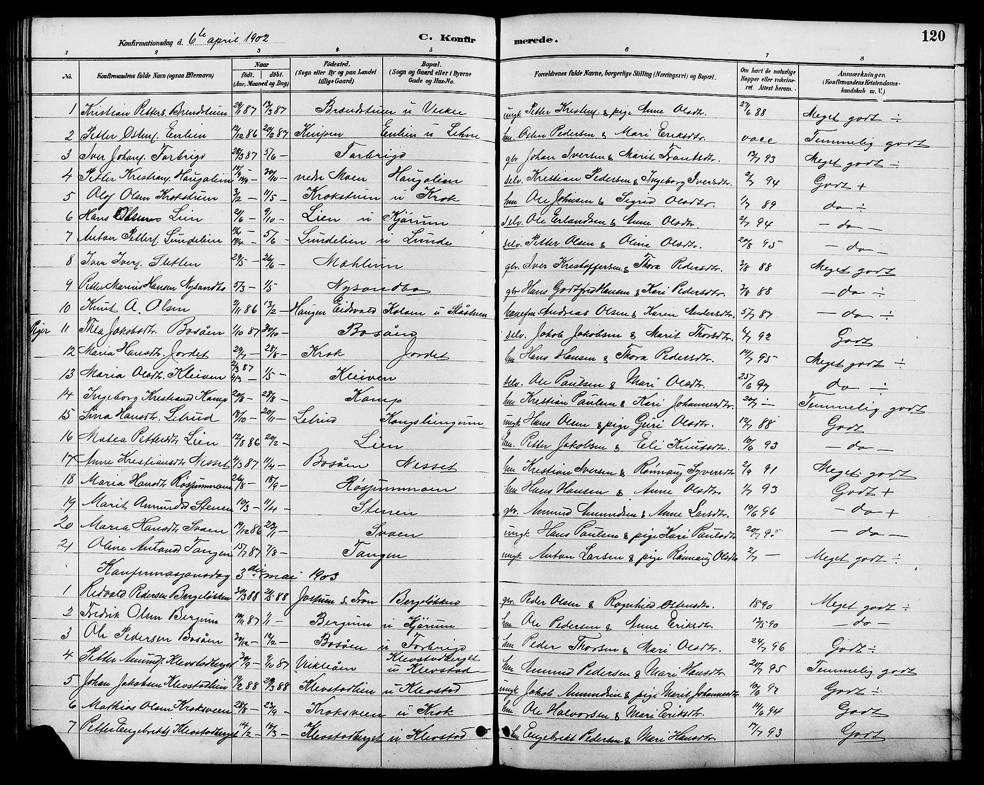 Nord-Fron prestekontor, AV/SAH-PREST-080/H/Ha/Hab/L0006: Klokkerbok nr. 6, 1887-1914, s. 120