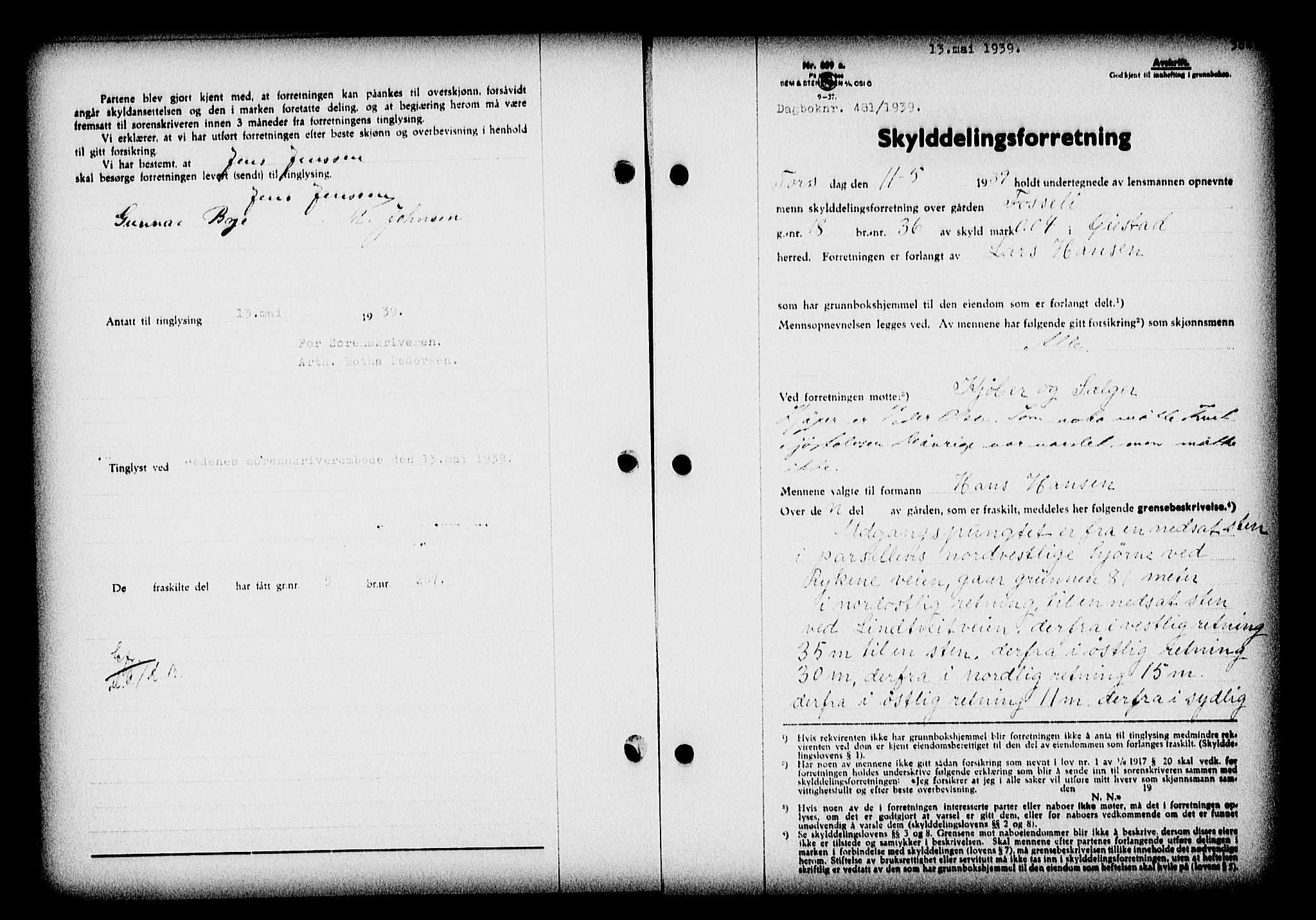 Nedenes sorenskriveri, SAK/1221-0006/G/Gb/Gba/L0046: Pantebok nr. 42, 1938-1939, Dagboknr: 481/1939