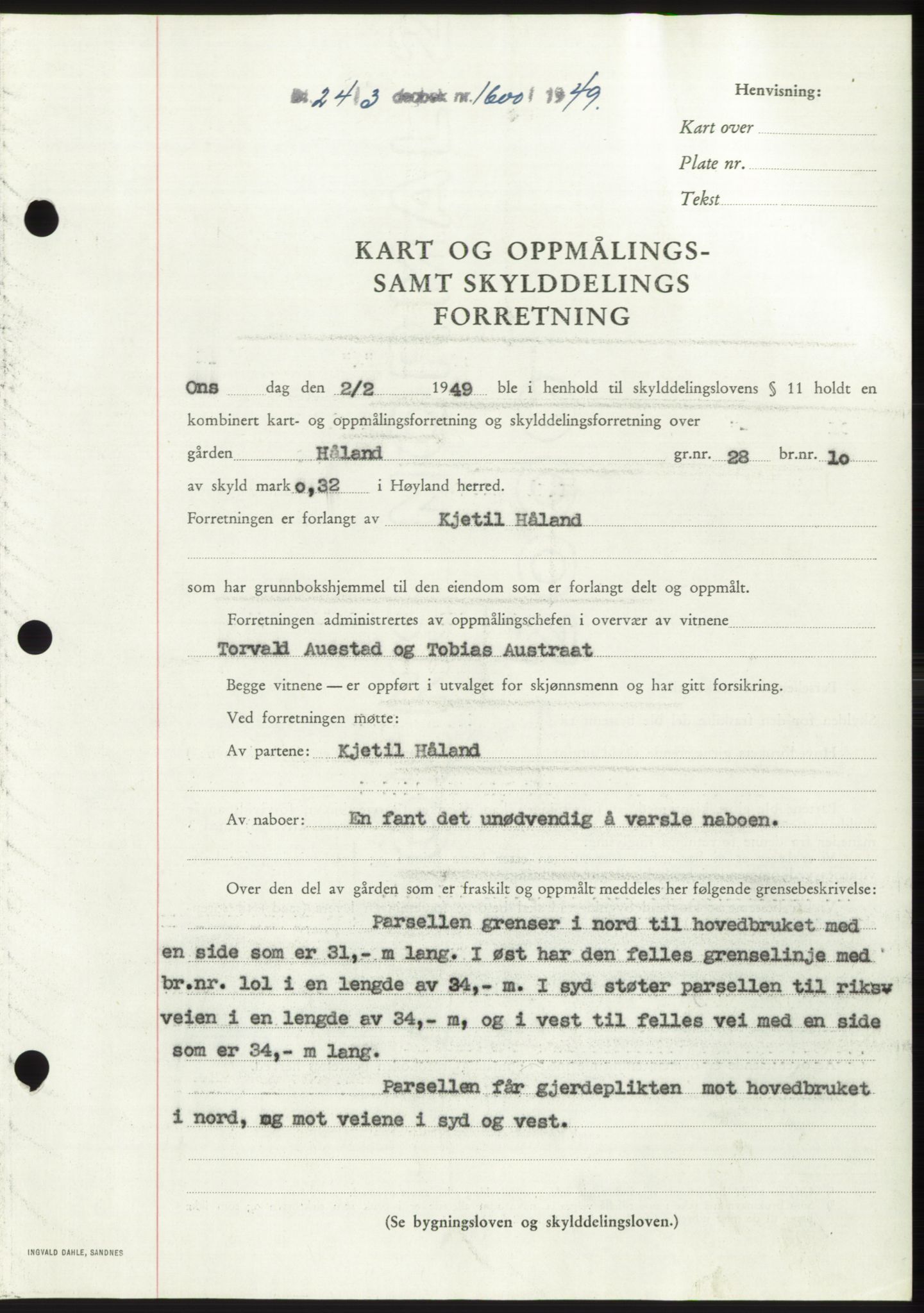 Jæren sorenskriveri, SAST/A-100310/03/G/Gba/L0102: Pantebok, 1949-1949, Dagboknr: 1600/1949