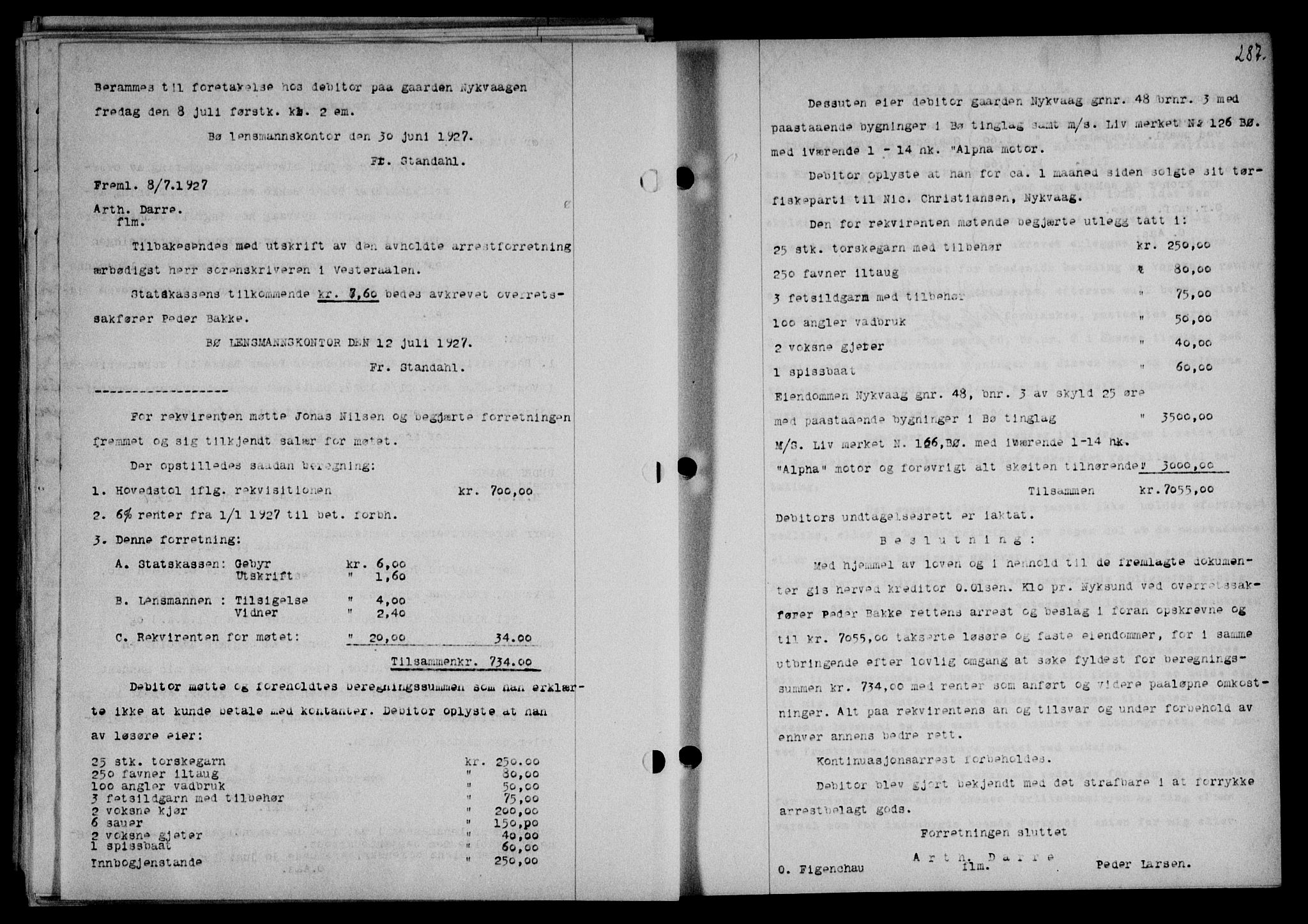 Vesterålen sorenskriveri, SAT/A-4180/1/2/2Ca/L0044: Pantebok nr. 37, 1927-1927, Tingl.dato: 21.07.1927