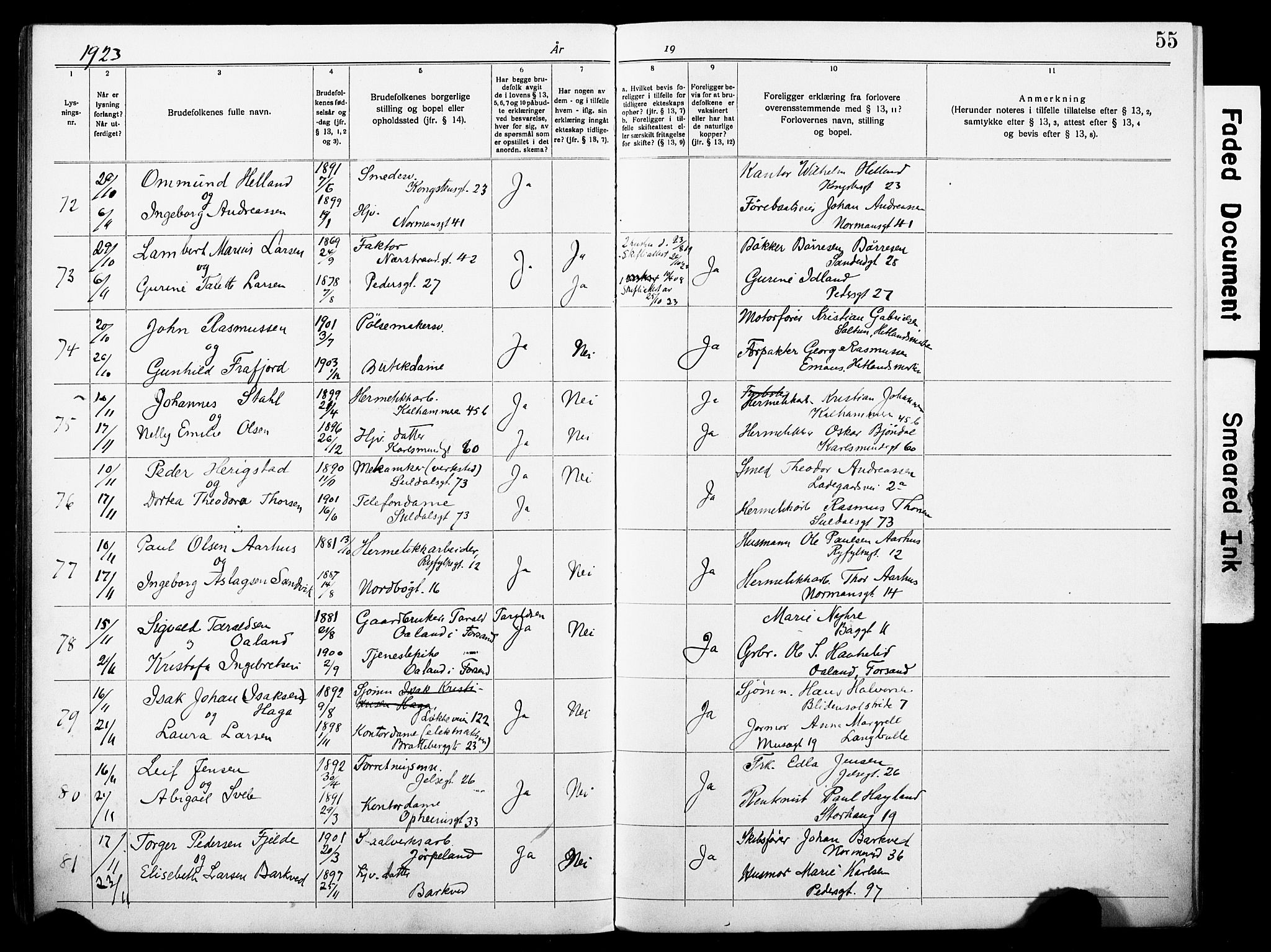 St. Johannes sokneprestkontor, AV/SAST-A-101814/001/70/705BA/L0004: Lysningsprotokoll nr. 4, 1919-1928, s. 55