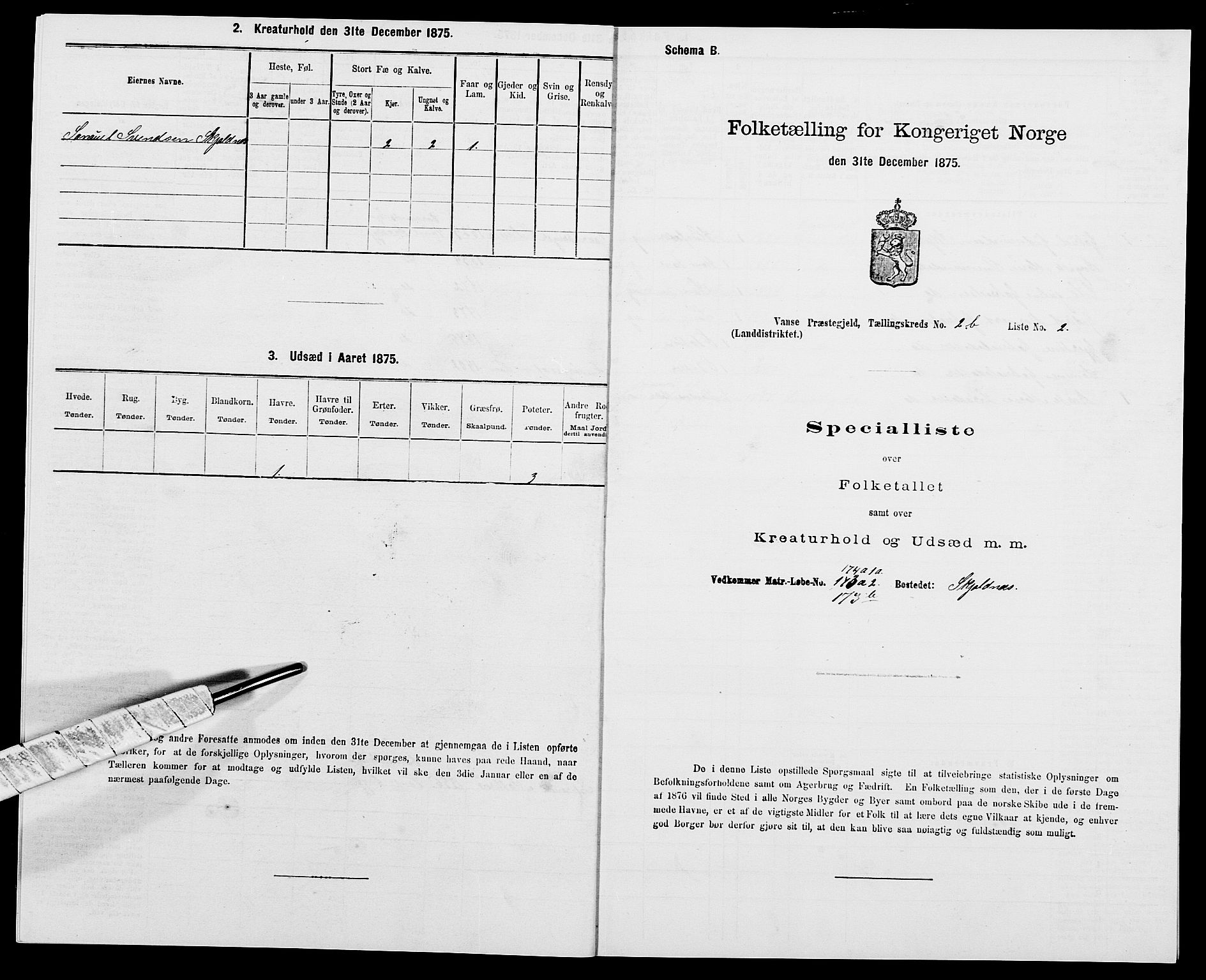 SAK, Folketelling 1875 for 1041L Vanse prestegjeld, Vanse sokn og Farsund landsokn, 1875, s. 467