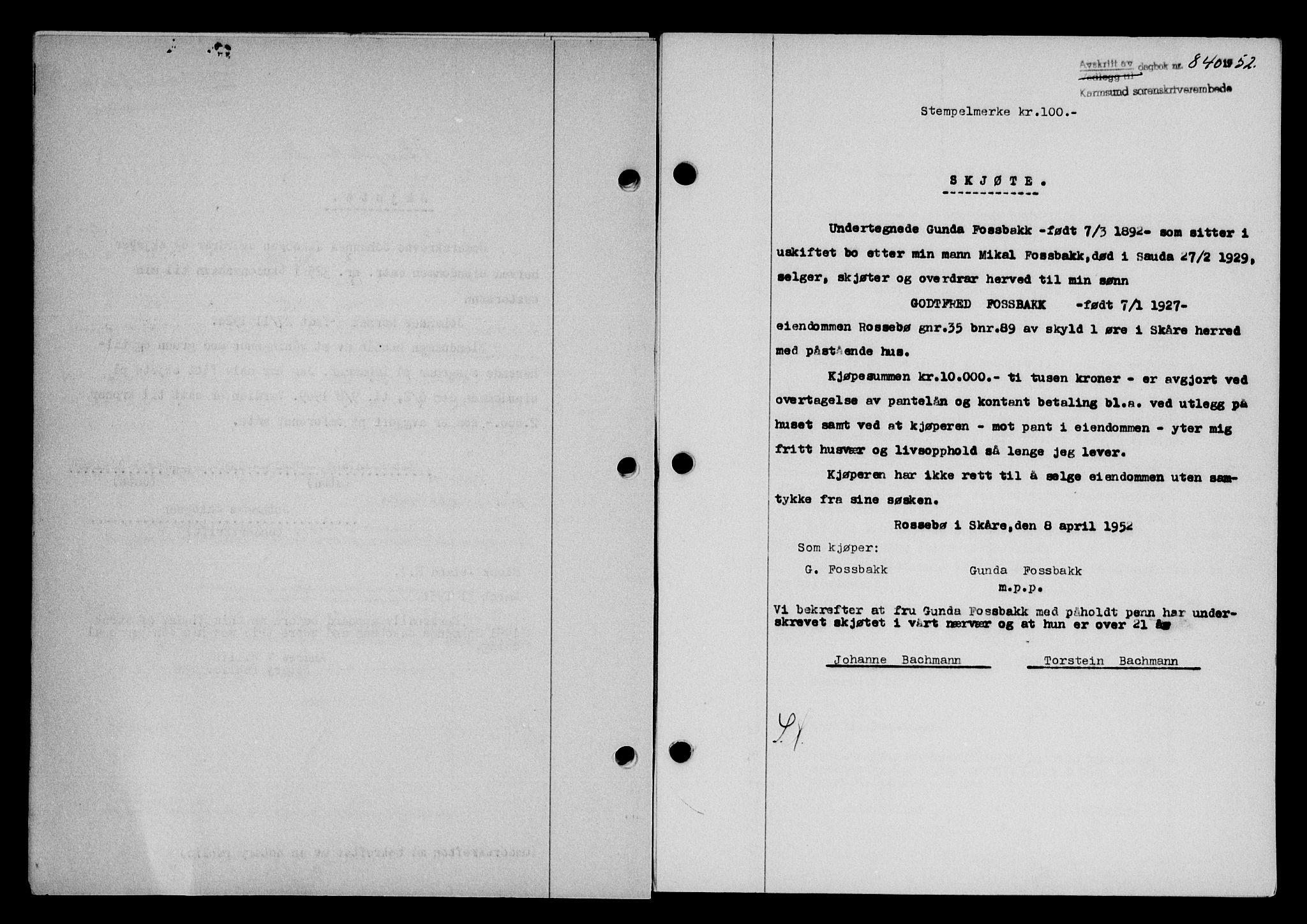 Karmsund sorenskriveri, SAST/A-100311/01/II/IIB/L0105: Pantebok nr. 85A, 1952-1952, Dagboknr: 840/1952