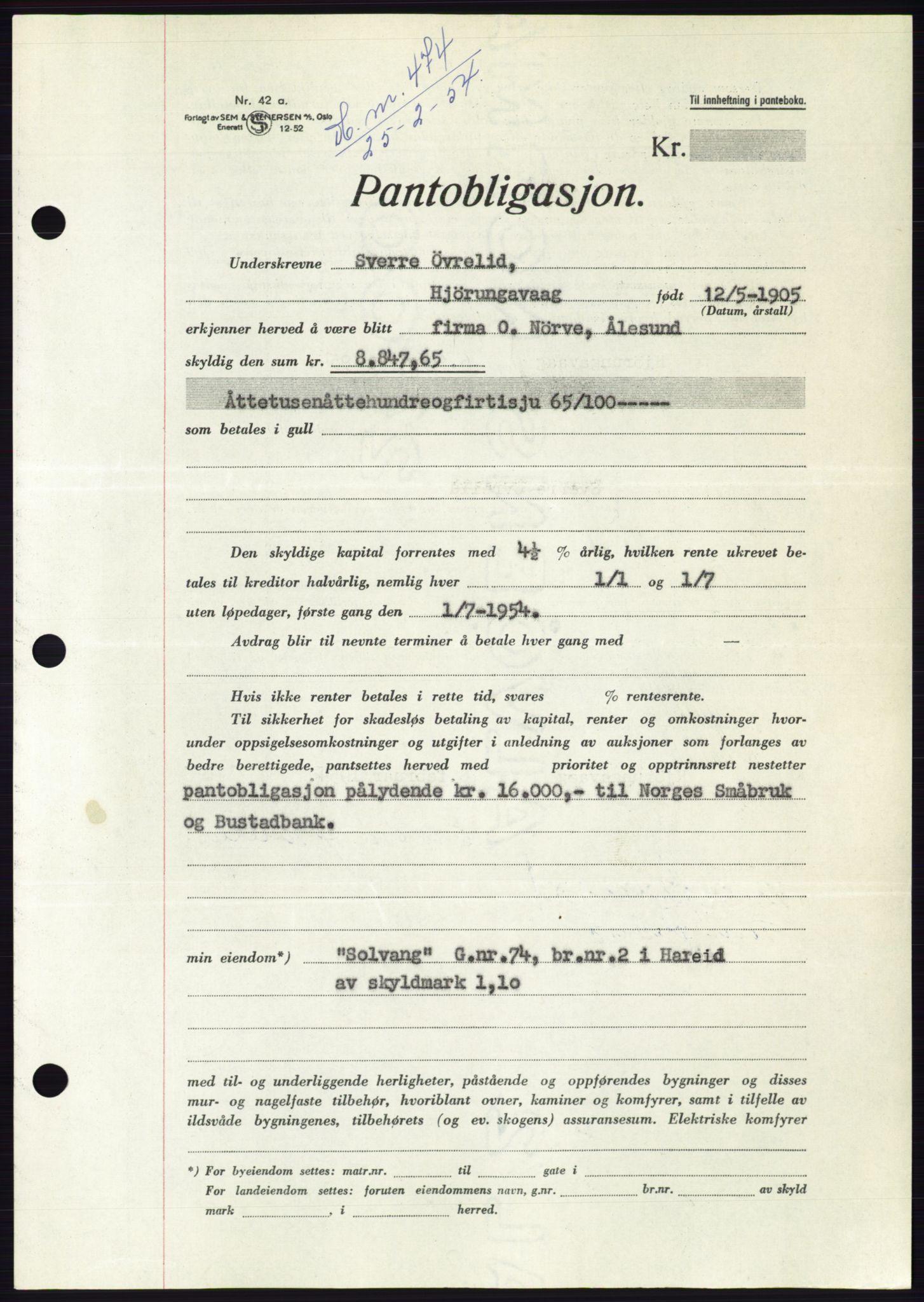 Søre Sunnmøre sorenskriveri, AV/SAT-A-4122/1/2/2C/L0124: Pantebok nr. 12B, 1953-1954, Dagboknr: 474/1954