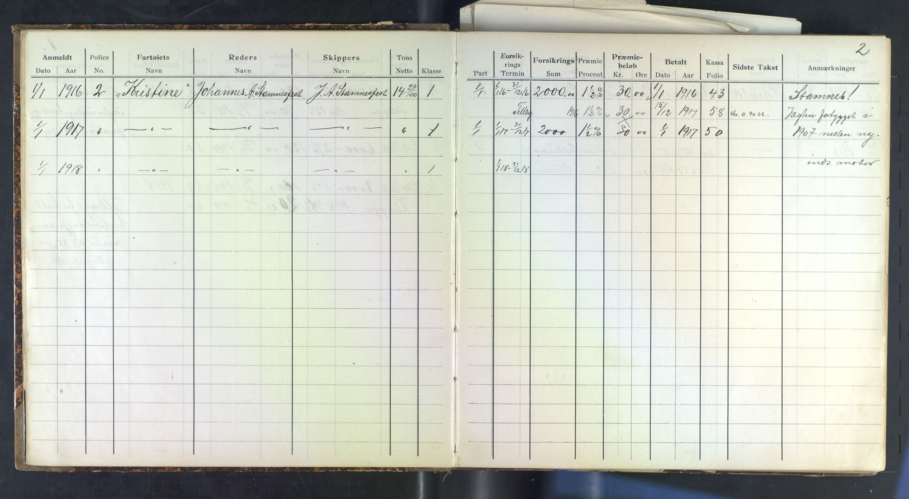 Jondal Skipsassuranseforening, SAB/SAB/PA-0276/E/L0033: Bok over båtar, polisebok, 1916-1919