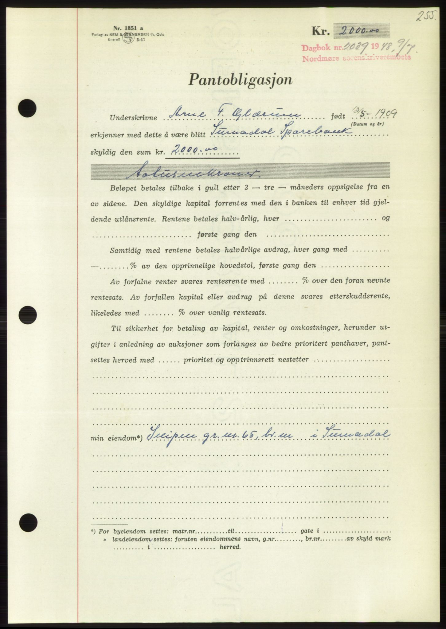 Nordmøre sorenskriveri, AV/SAT-A-4132/1/2/2Ca: Pantebok nr. B99, 1948-1948, Dagboknr: 2039/1948