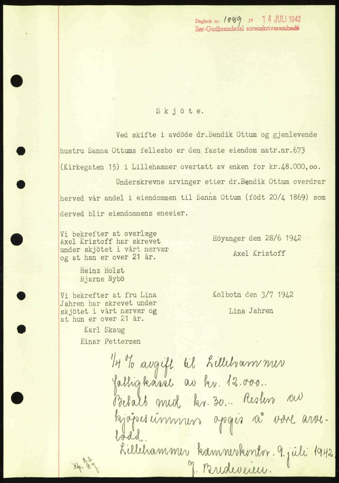 Sør-Gudbrandsdal tingrett, SAH/TING-004/H/Hb/Hbd/L0011: Pantebok nr. A11, 1942-1943, Dagboknr: 1089/1942