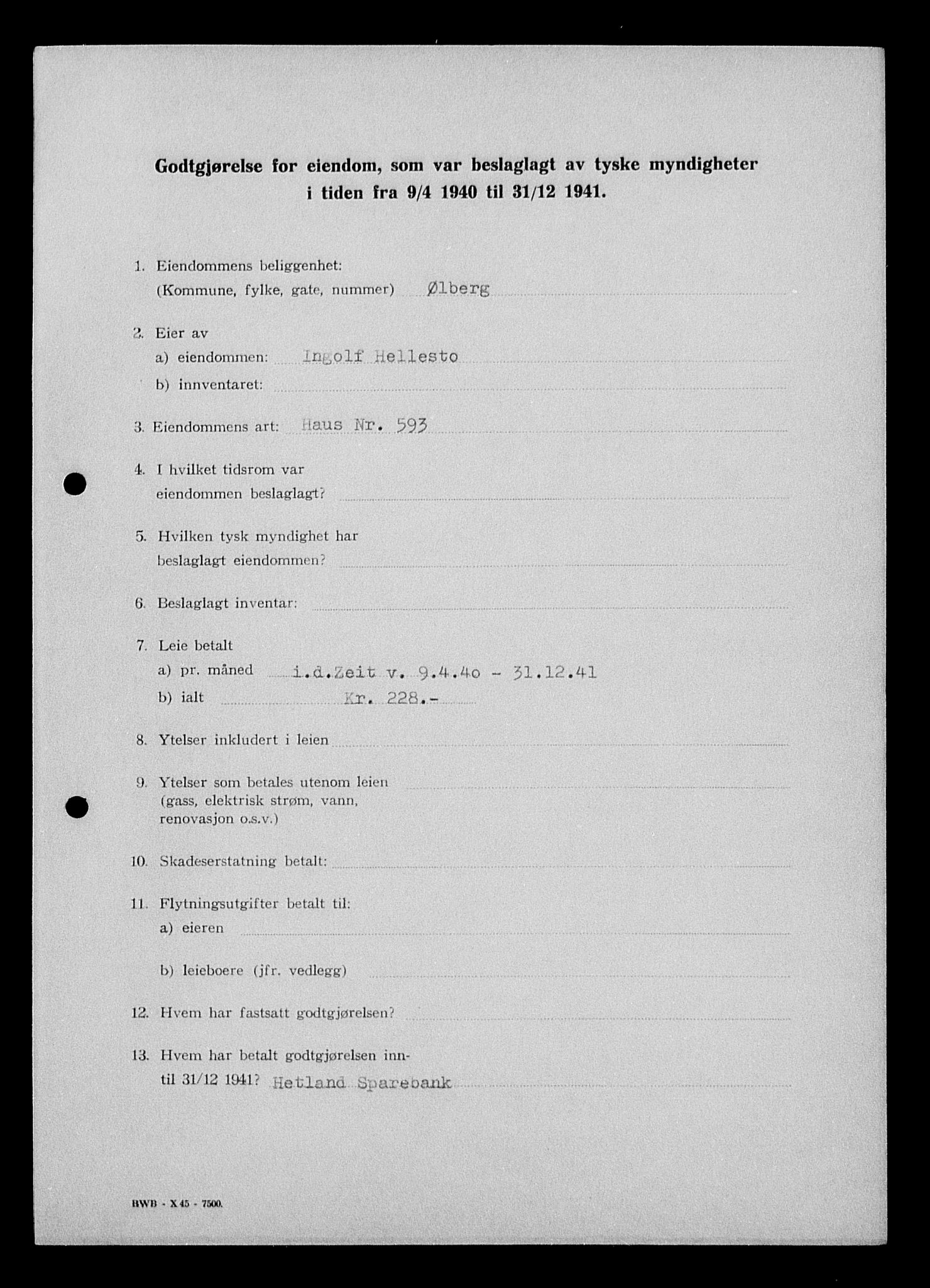 Justisdepartementet, Tilbakeføringskontoret for inndratte formuer, AV/RA-S-1564/I/L1014: Godtgjørelse for beslaglagt eiendom, 1940-1941, s. 325