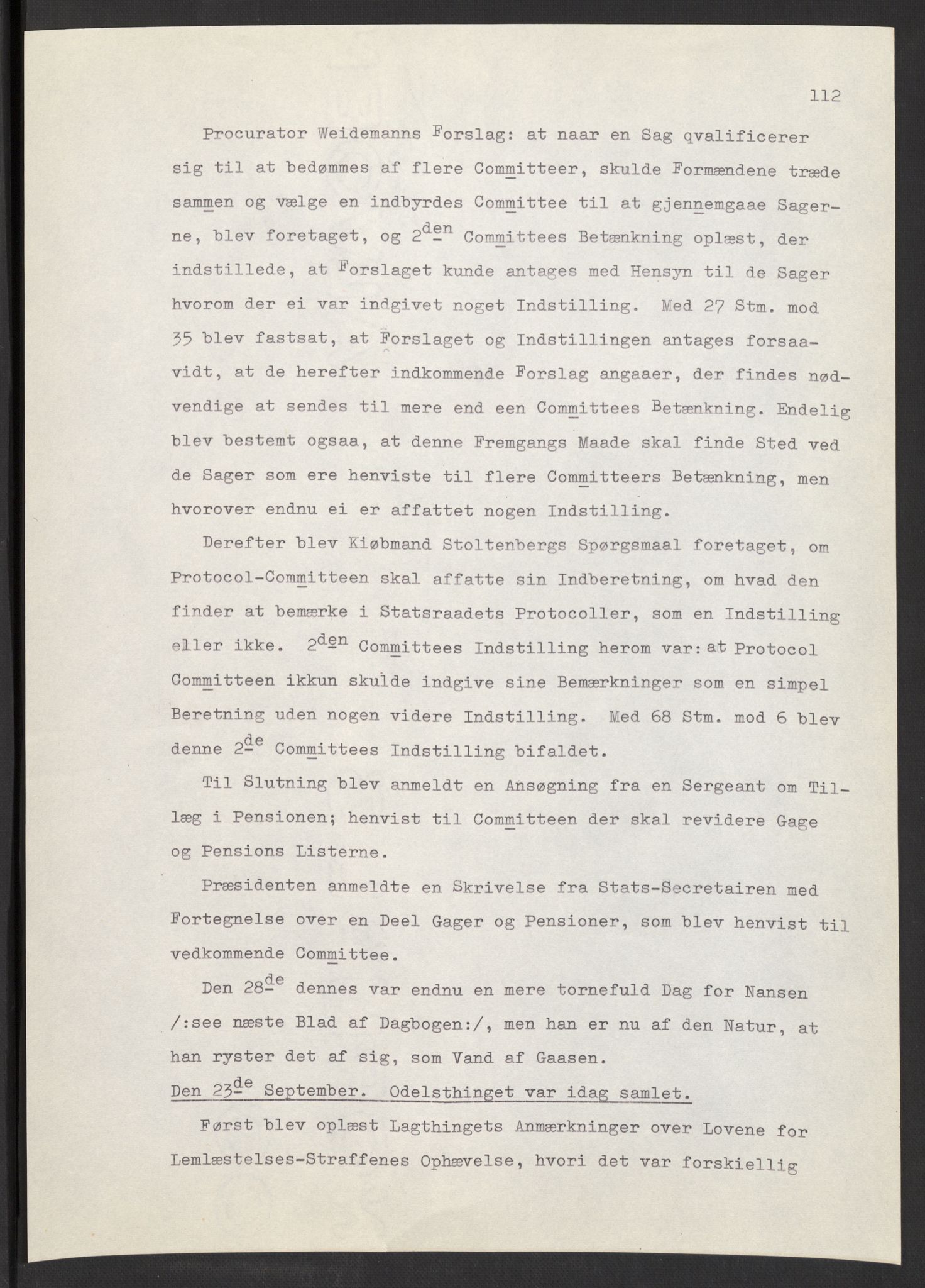 Manuskriptsamlingen, AV/RA-EA-3667/F/L0197: Wetlesen, Hans Jørgen (stortingsmann, ingeniørkaptein); Referat fra Stortinget 1815-1816, 1815-1816, s. 112