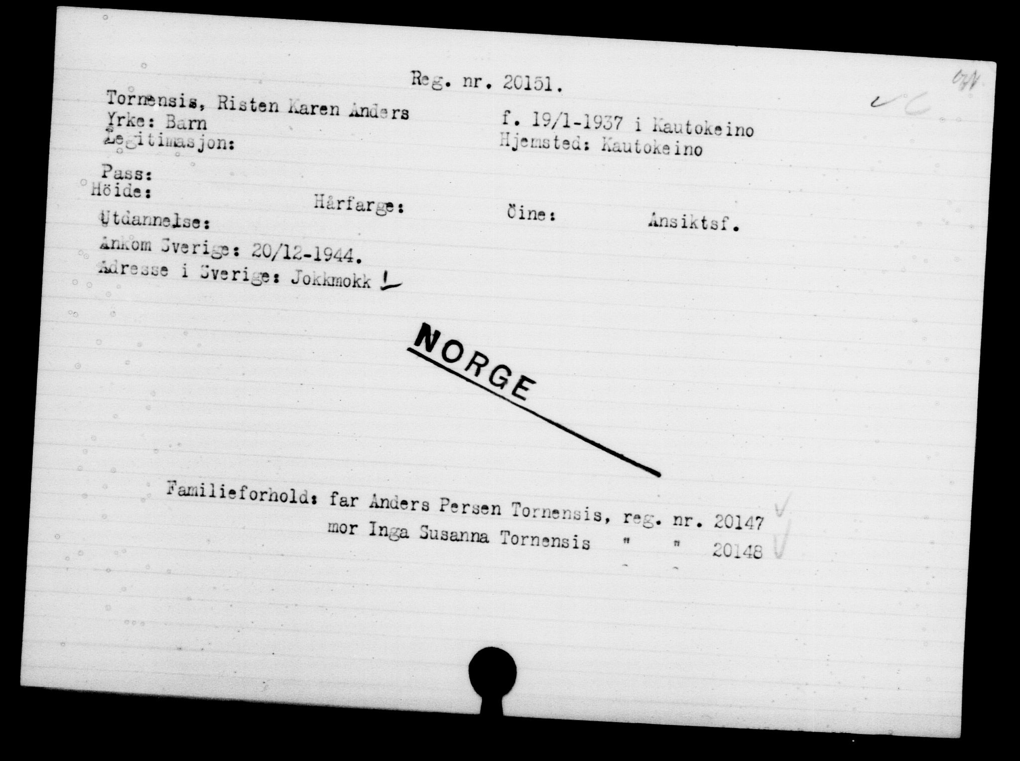 Utenriksstasjonene, Legasjonen i Stockholm, Flyktningkontoret, AV/RA-S-6753/V/Va/L0009: Kjesäterkartoteket, flyktninger med registreringsnr. 18502-22048, 1940-1945, s. 1816