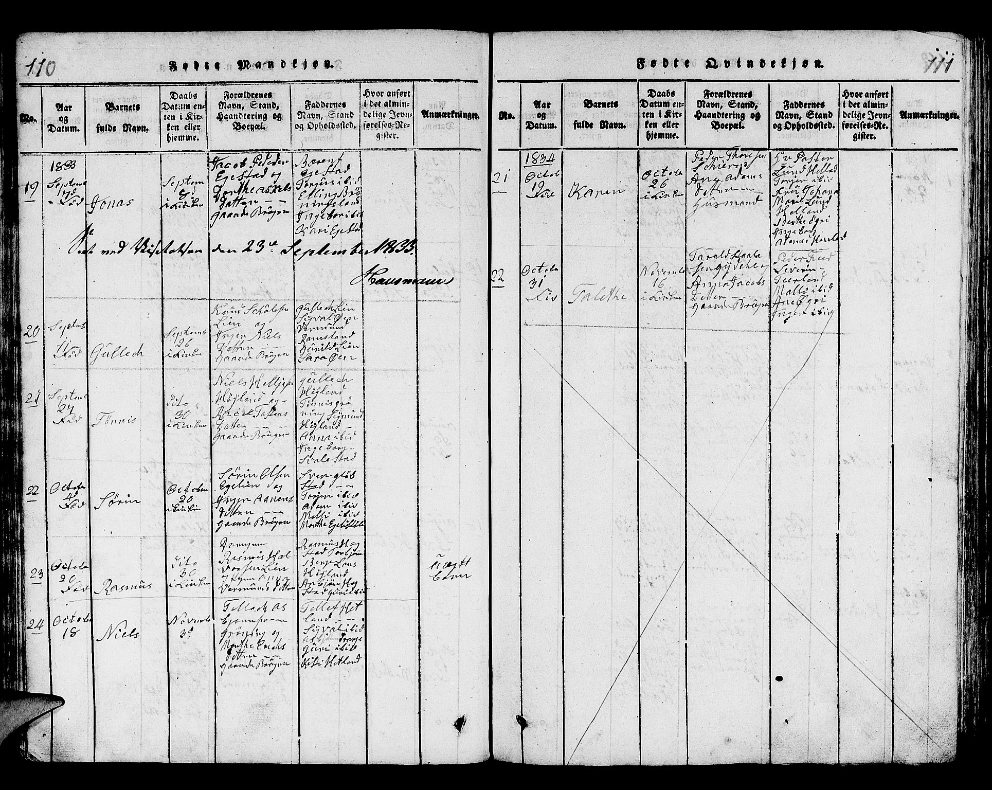 Helleland sokneprestkontor, AV/SAST-A-101810: Klokkerbok nr. B 1, 1815-1841, s. 110-111