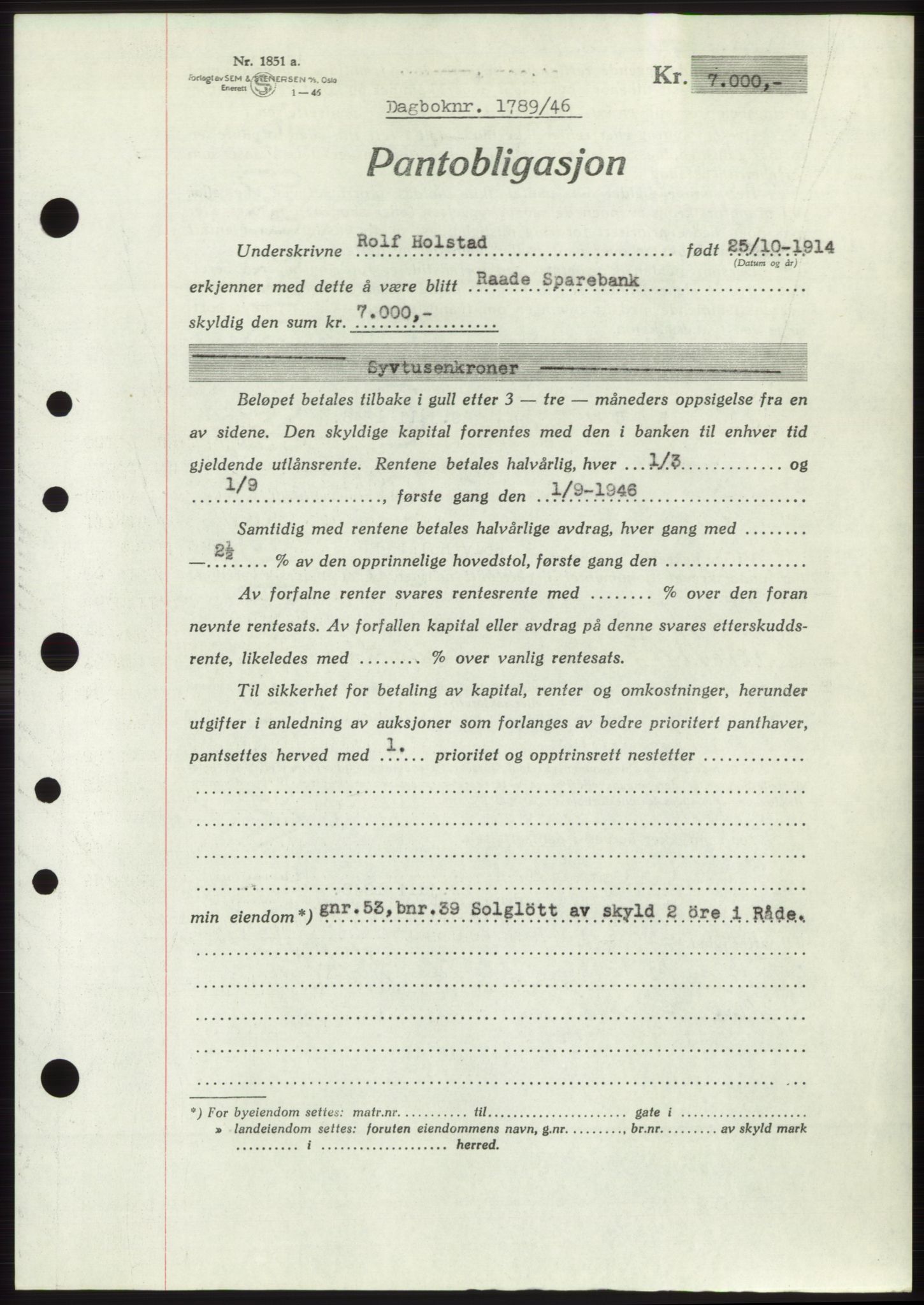 Moss sorenskriveri, SAO/A-10168: Pantebok nr. B15, 1946-1946, Dagboknr: 1789/1946