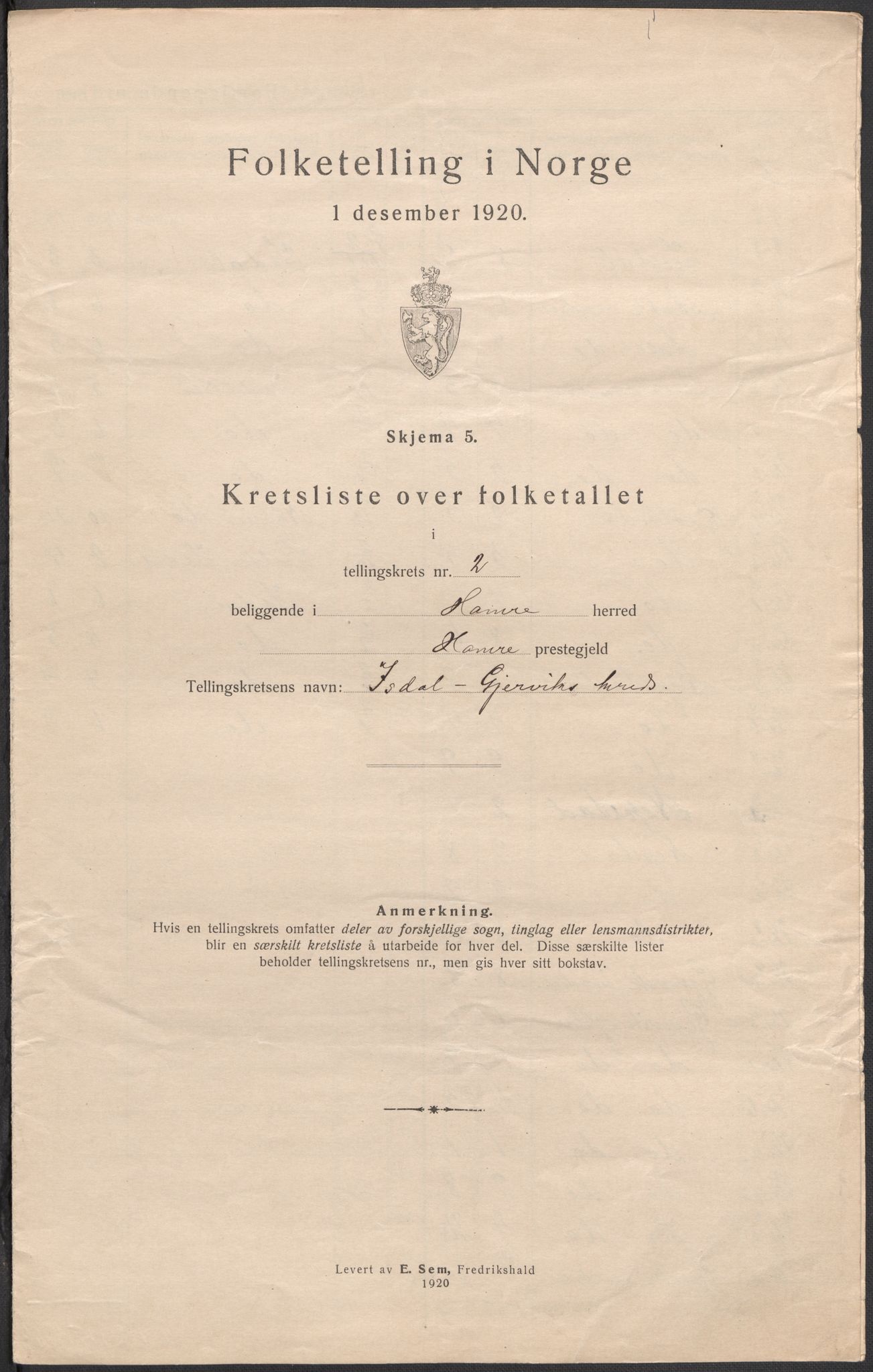 SAB, Folketelling 1920 for 1254 Hamre herred, 1920, s. 7