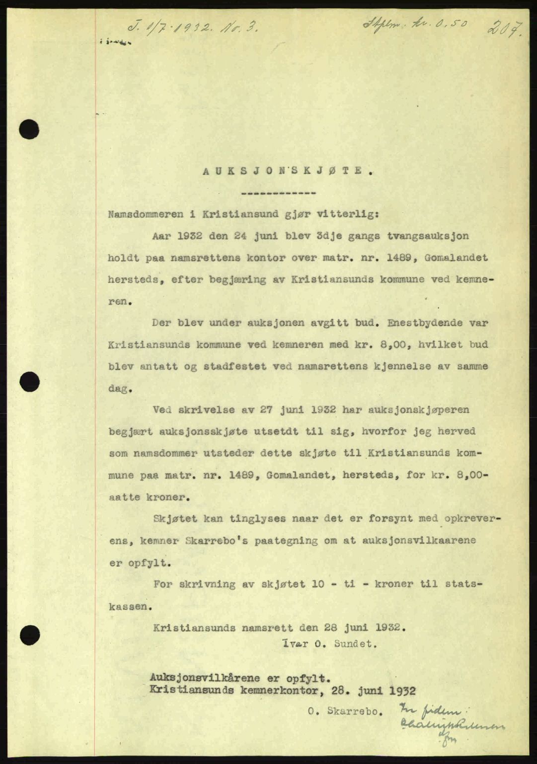 Kristiansund byfogd, SAT/A-4587/A/27: Pantebok nr. 26, 1931-1933, Tingl.dato: 01.07.1932