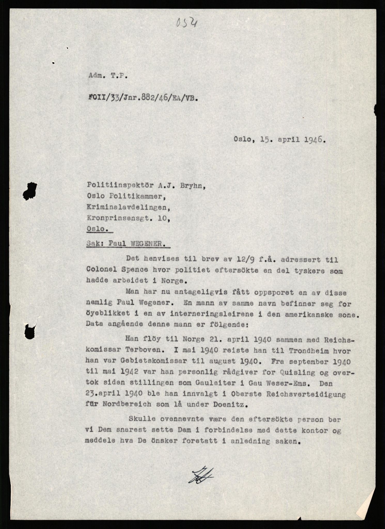 Forsvaret, Forsvarets overkommando II, AV/RA-RAFA-3915/D/Db/L0035: CI Questionaires. Tyske okkupasjonsstyrker i Norge. Tyskere., 1945-1946, s. 84