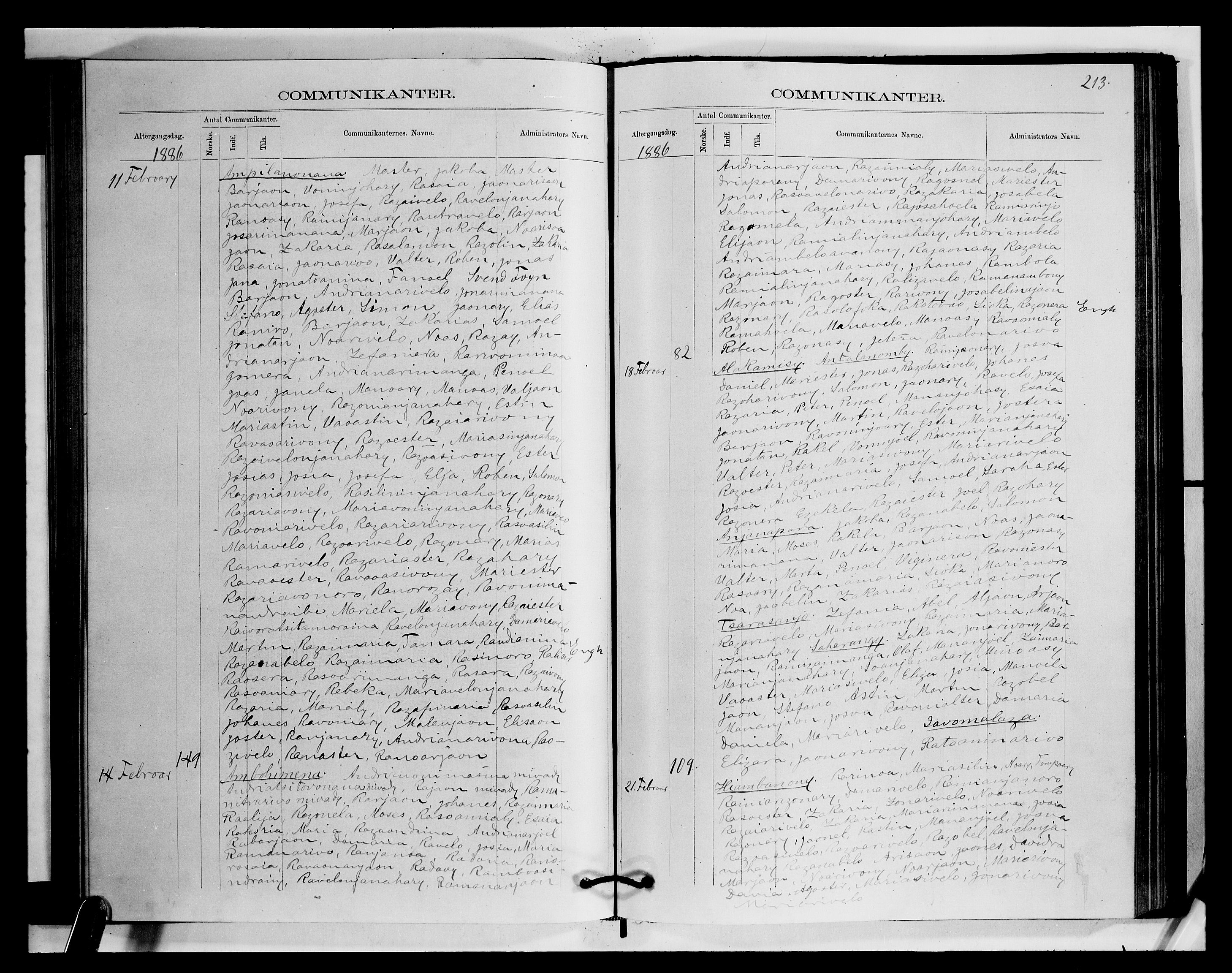 Archives FLM/NMS, Madagaskar, VID/MA-A-1163/D/Db/L0270: Ministerialbok nr. 2, 1883-1886, s. 213