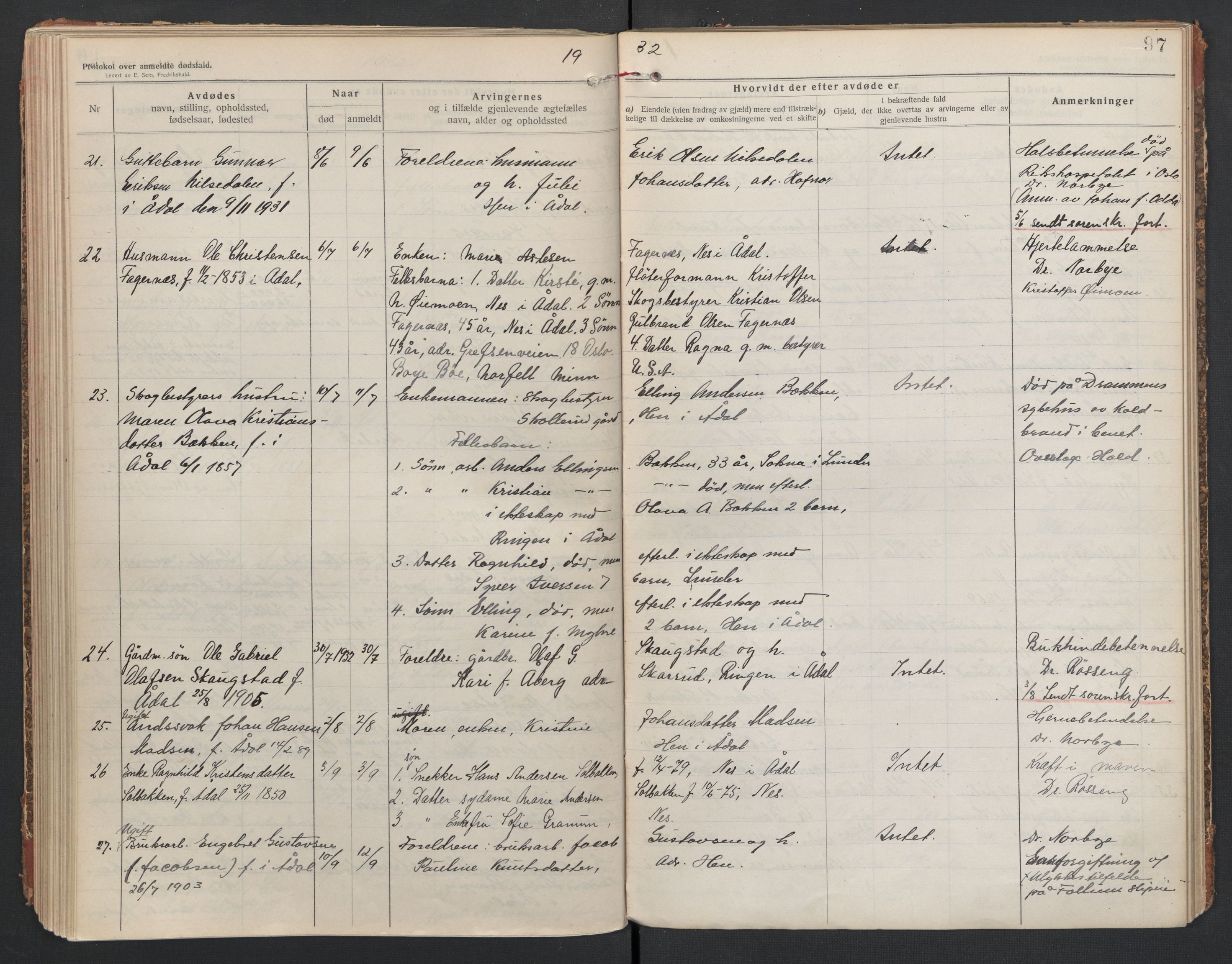 Ådal lensmannskontor, AV/SAKO-A-518/H/Ha/L0001/0002: Dødsfallsprotokoll  / Dødsfallsprotokoll 2, 1919-1942, s. 97