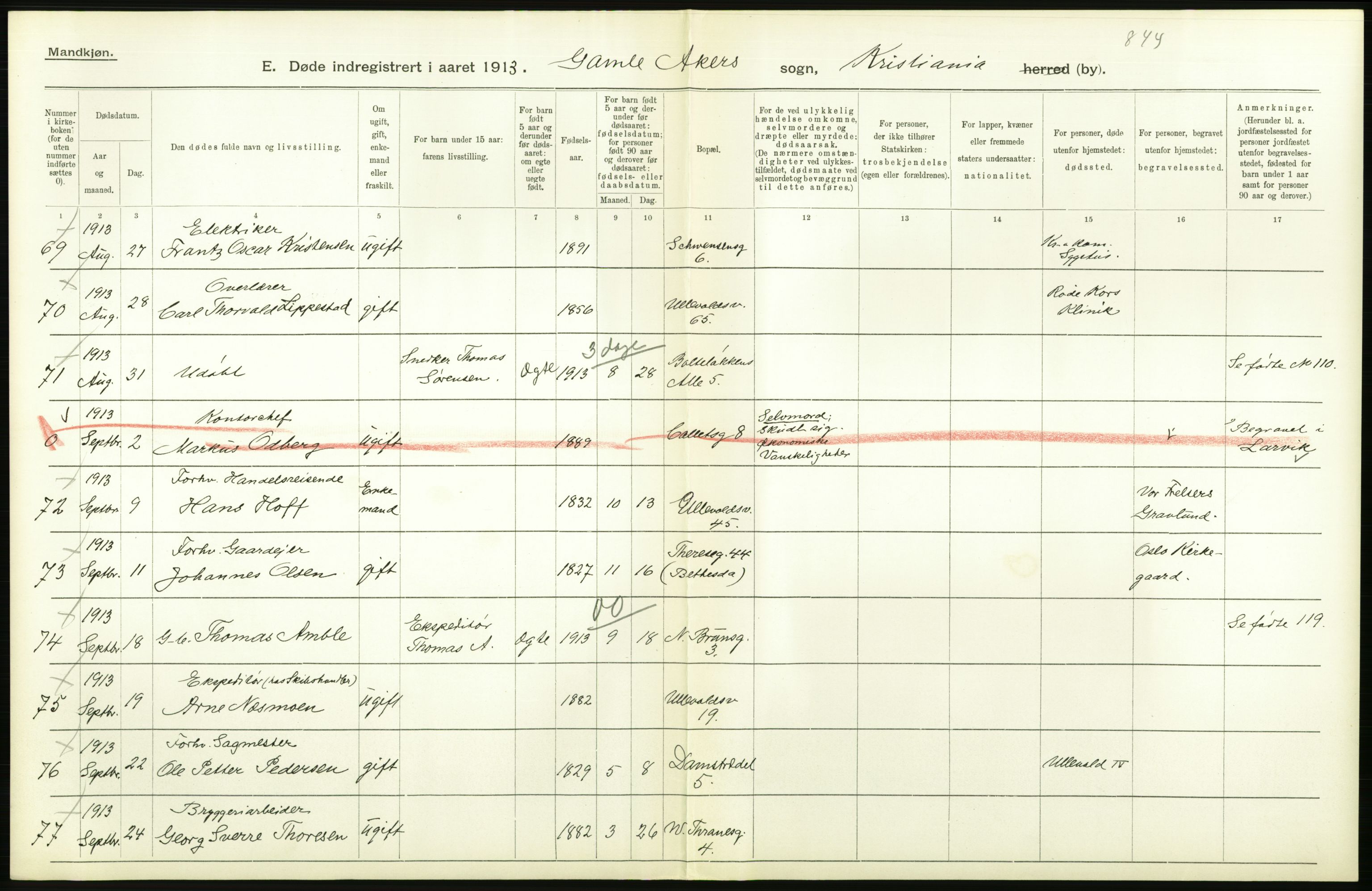 Statistisk sentralbyrå, Sosiodemografiske emner, Befolkning, RA/S-2228/D/Df/Dfb/Dfbc/L0009: Kristiania: Døde., 1913, s. 140