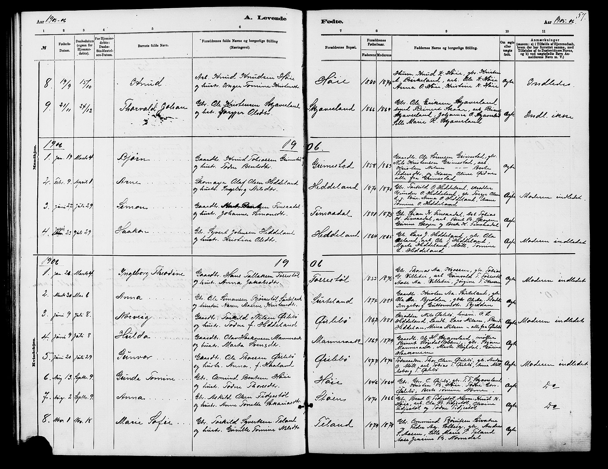 Holum sokneprestkontor, AV/SAK-1111-0022/F/Fb/Fbc/L0003: Klokkerbok nr. B 3, 1882-1908, s. 57