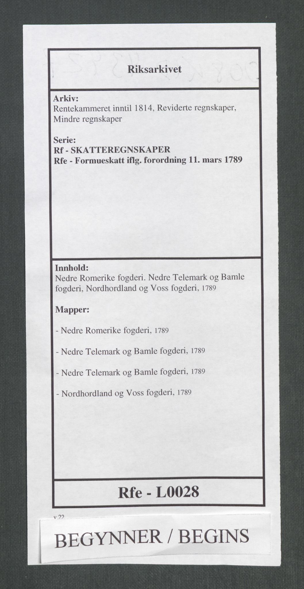 Rentekammeret inntil 1814, Reviderte regnskaper, Mindre regnskaper, RA/EA-4068/Rf/Rfe/L0028: Nedre Romerike fogderi. Nedre Telemark og Bamle fogderi, Nordhordland og Voss fogderi, 1789, s. 1