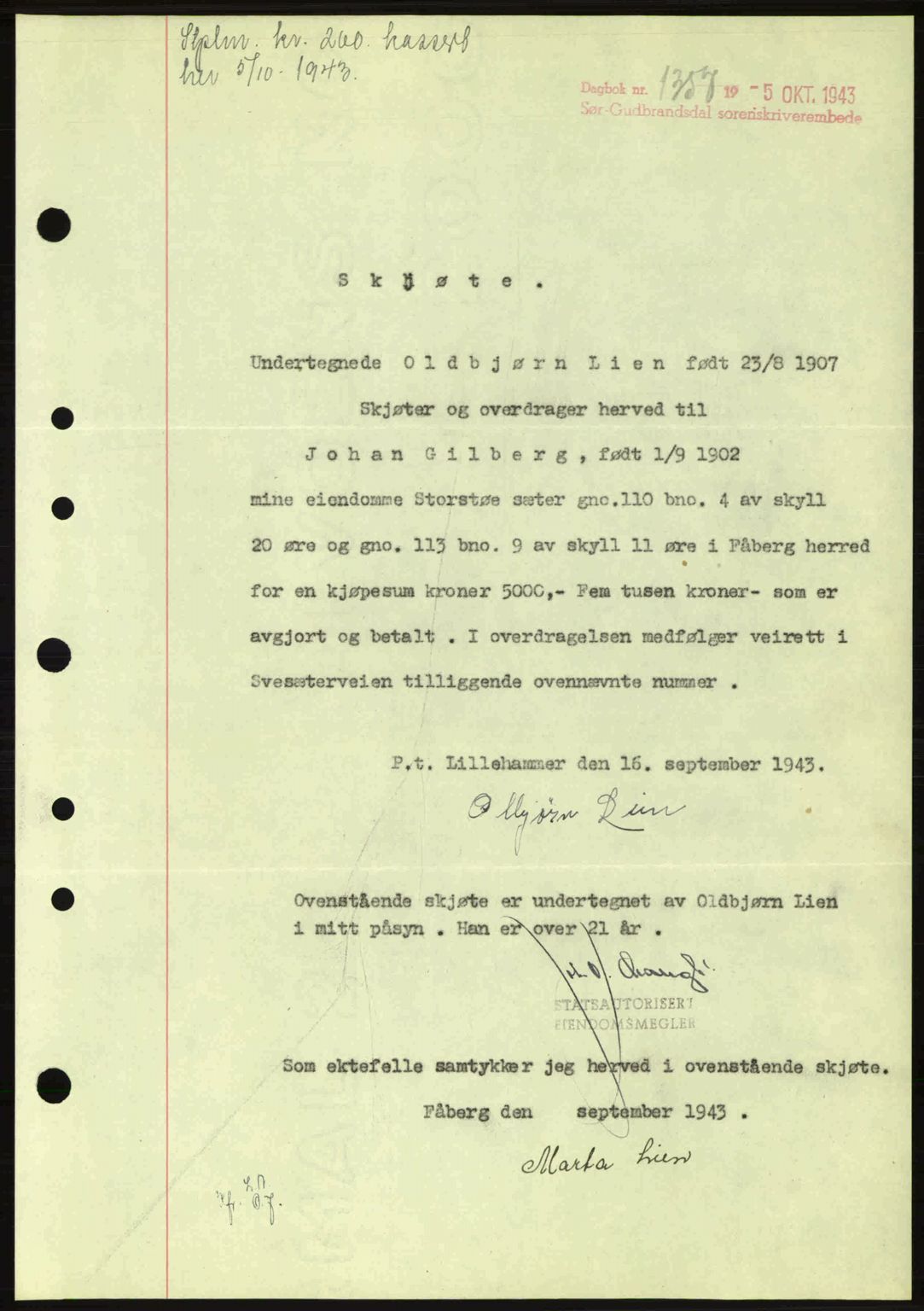 Sør-Gudbrandsdal tingrett, SAH/TING-004/H/Hb/Hbd/L0012: Pantebok nr. A12, 1943-1944, Dagboknr: 1357/1943