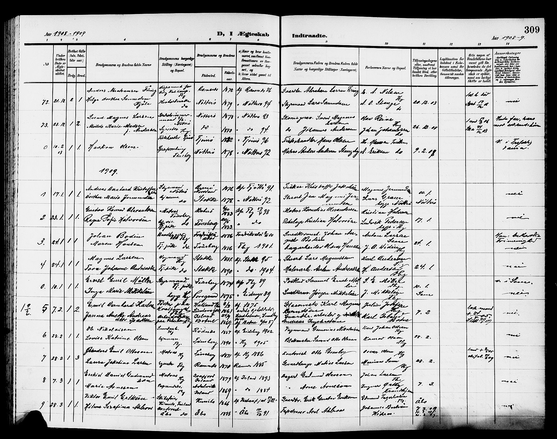 Tønsberg kirkebøker, AV/SAKO-A-330/G/Ga/L0008: Klokkerbok nr. 8, 1905-1912, s. 309