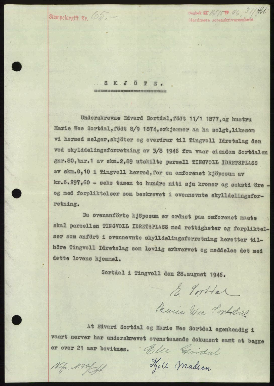 Nordmøre sorenskriveri, SAT/A-4132/1/2/2Ca: Pantebok nr. A102, 1946-1946, Dagboknr: 1675/1946
