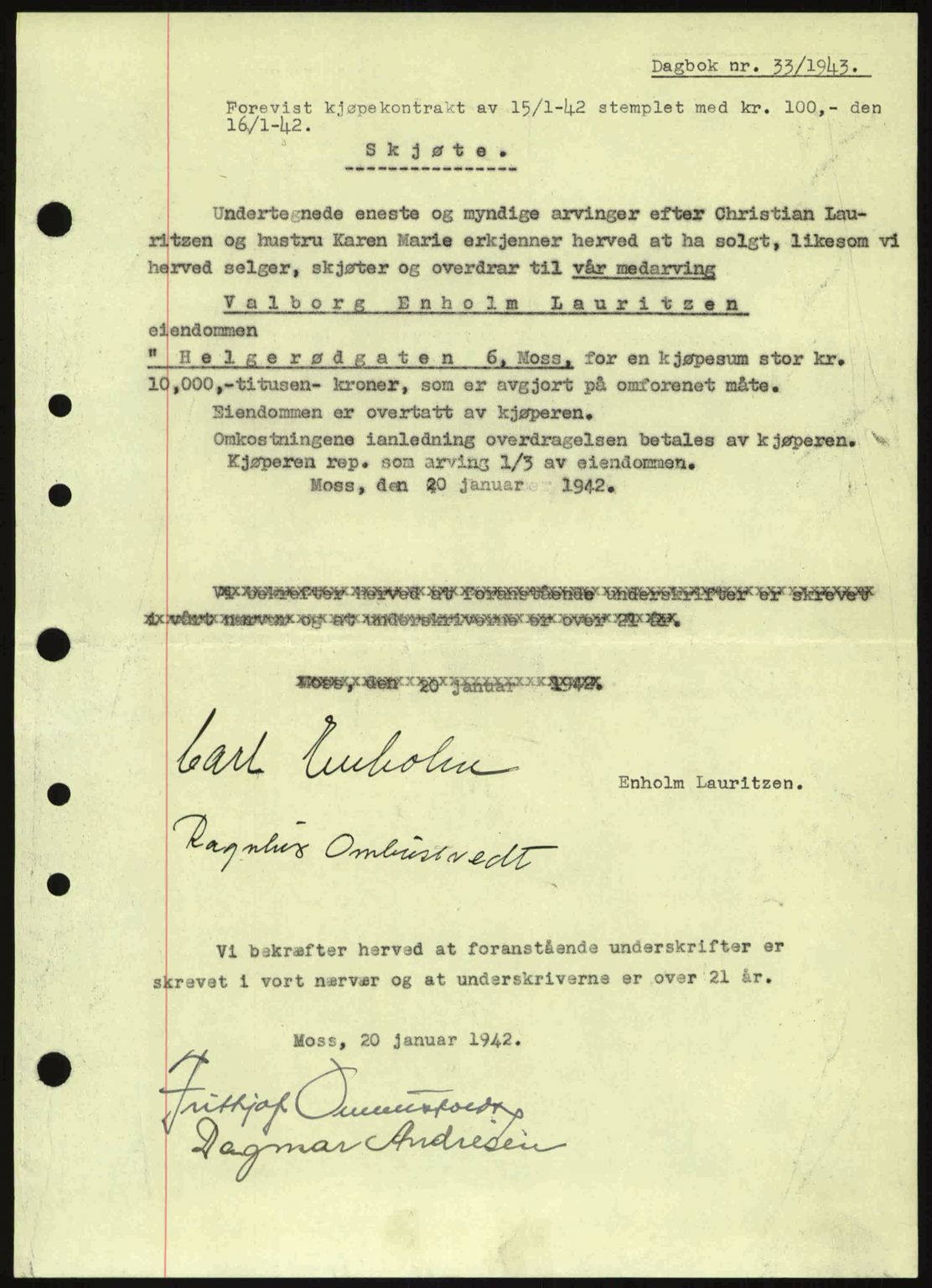 Moss sorenskriveri, SAO/A-10168: Pantebok nr. A10, 1942-1943, Dagboknr: 33/1943