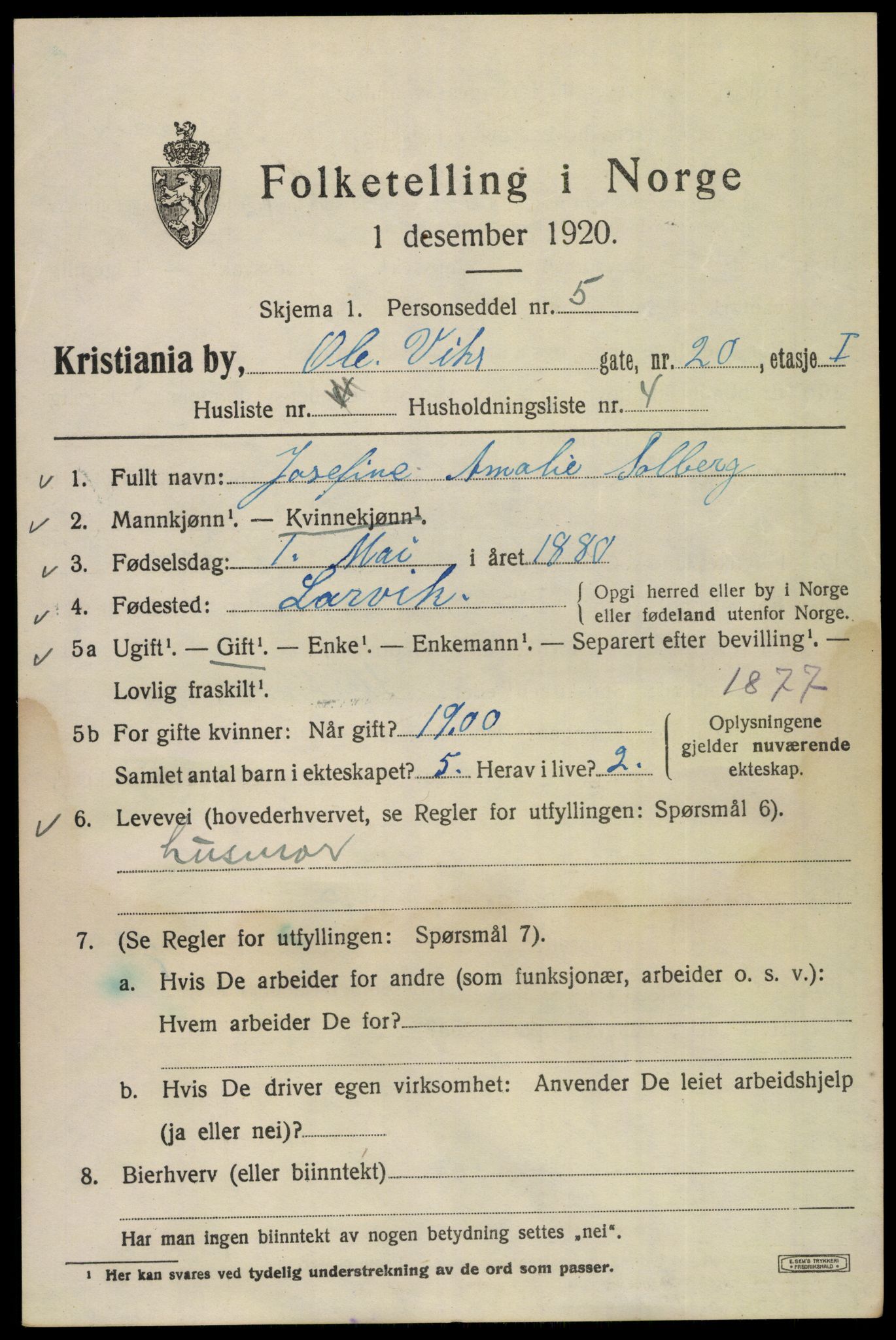 SAO, Folketelling 1920 for 0301 Kristiania kjøpstad, 1920, s. 433947