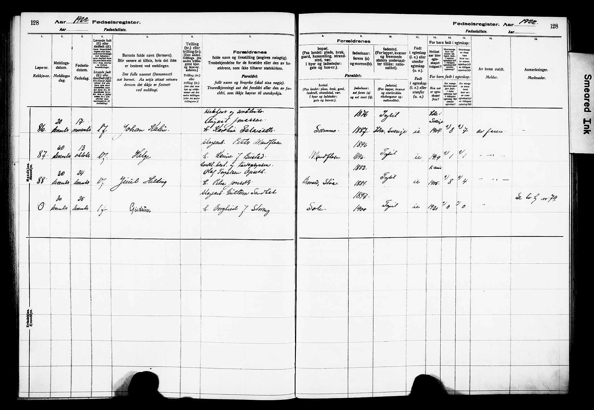 Trysil prestekontor, AV/SAH-PREST-046/I/Id/Ida/L0001: Fødselsregister nr. I 1, 1916-1927, s. 128