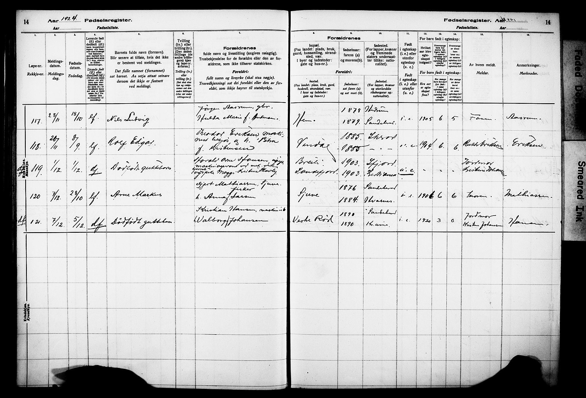 Sandar kirkebøker, AV/SAKO-A-243/J/Ja/L0002: Fødselsregister nr. 2, 1922-1929, s. 14