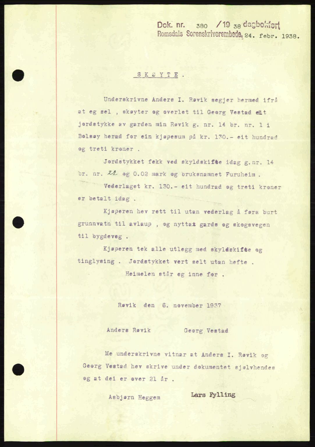 Romsdal sorenskriveri, SAT/A-4149/1/2/2C: Pantebok nr. A4, 1937-1938, Dagboknr: 380/1938