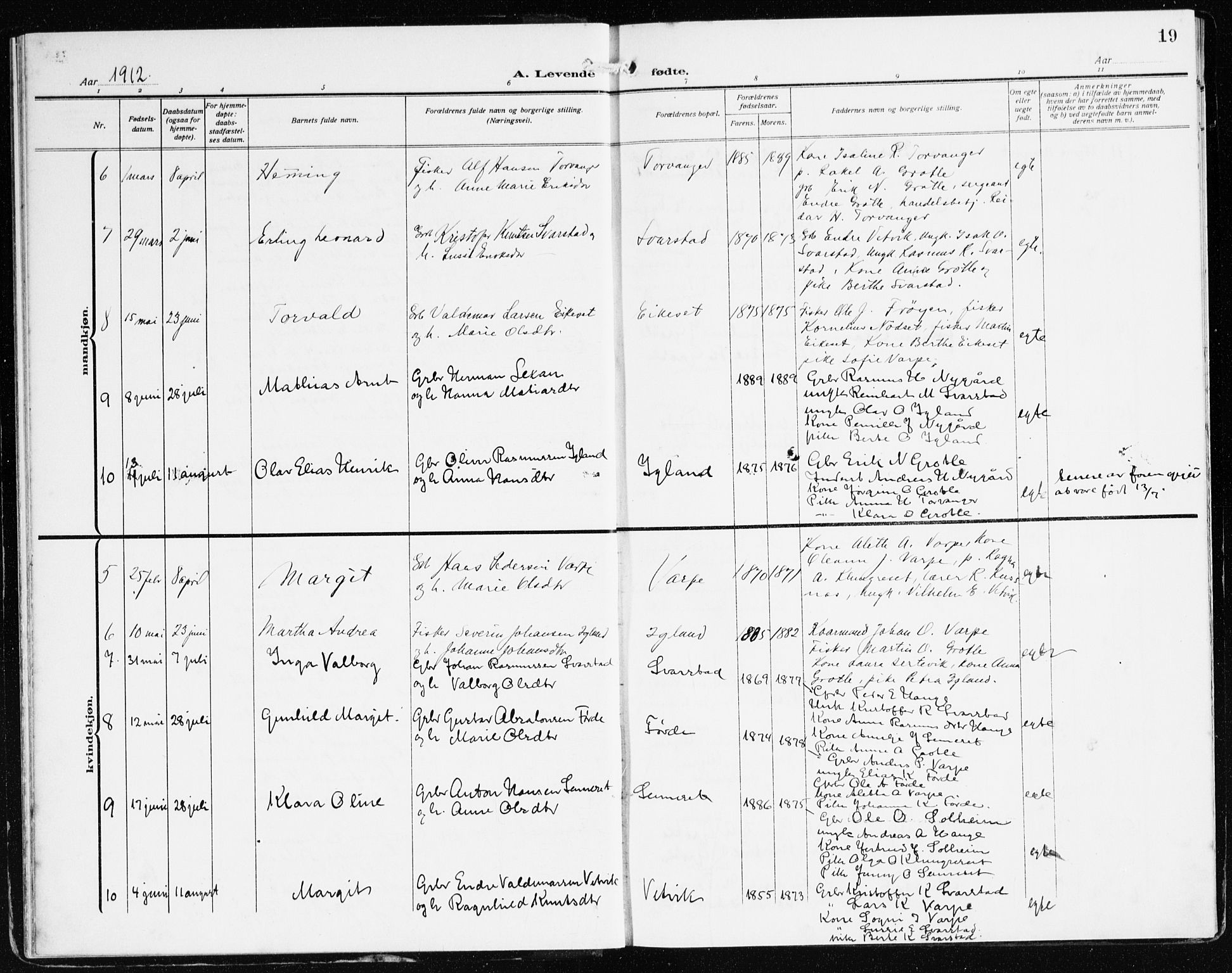 Bremanger sokneprestembete, AV/SAB-A-82201/H/Haa/Haac/L0001: Ministerialbok nr. C 1, 1908-1921, s. 19