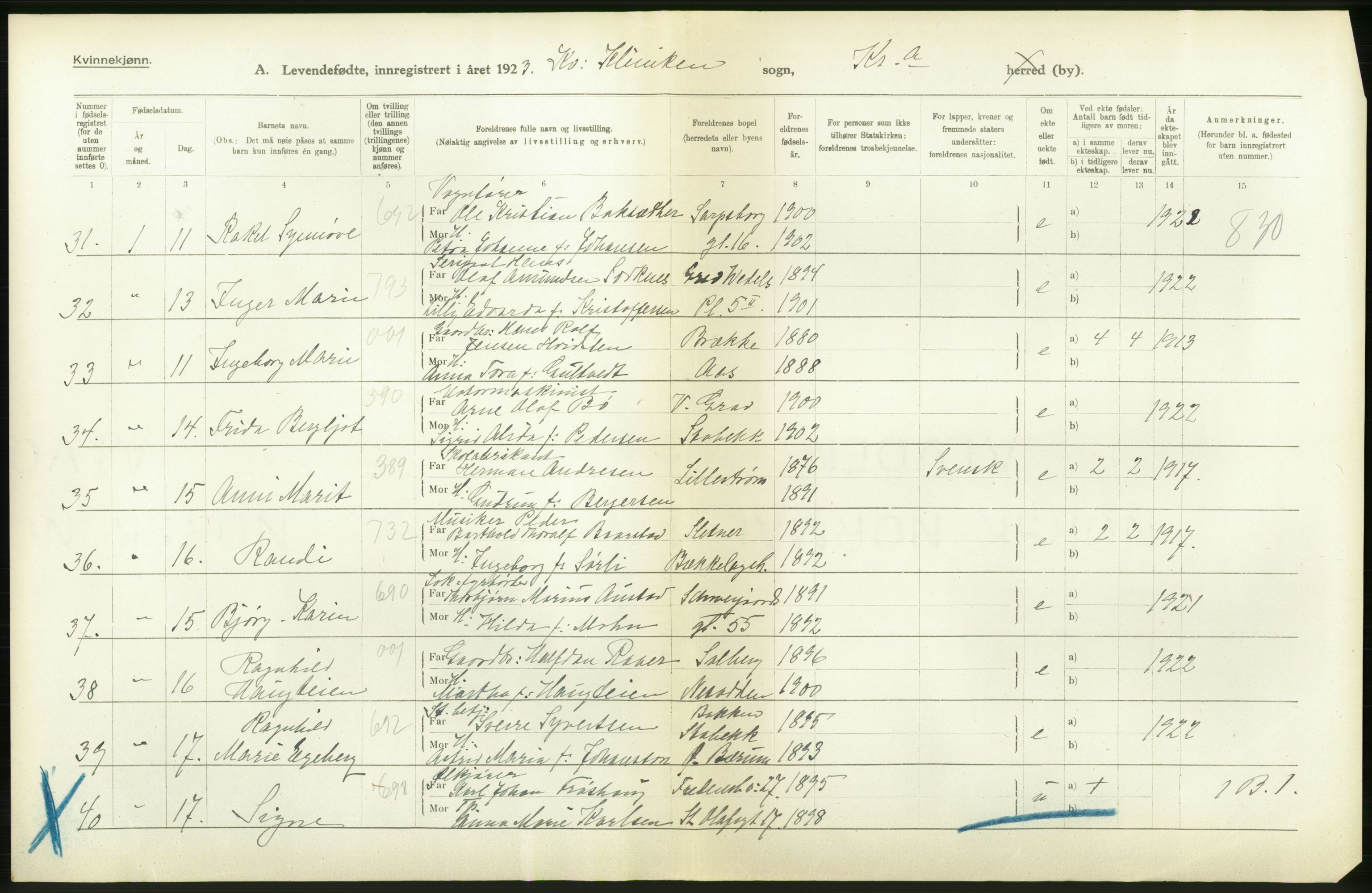 Statistisk sentralbyrå, Sosiodemografiske emner, Befolkning, AV/RA-S-2228/D/Df/Dfc/Dfcc/L0007: Kristiania: Levendefødte menn og kvinner., 1923, s. 156