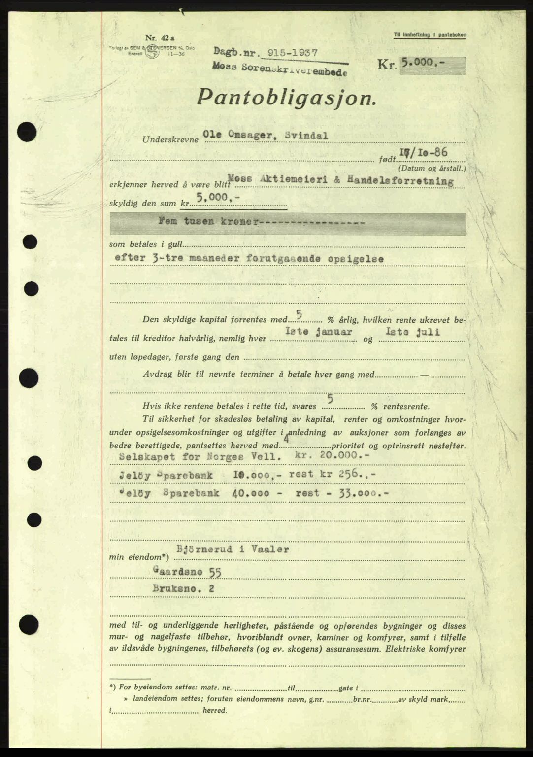Moss sorenskriveri, SAO/A-10168: Pantebok nr. B3, 1937-1937, Dagboknr: 915/1937