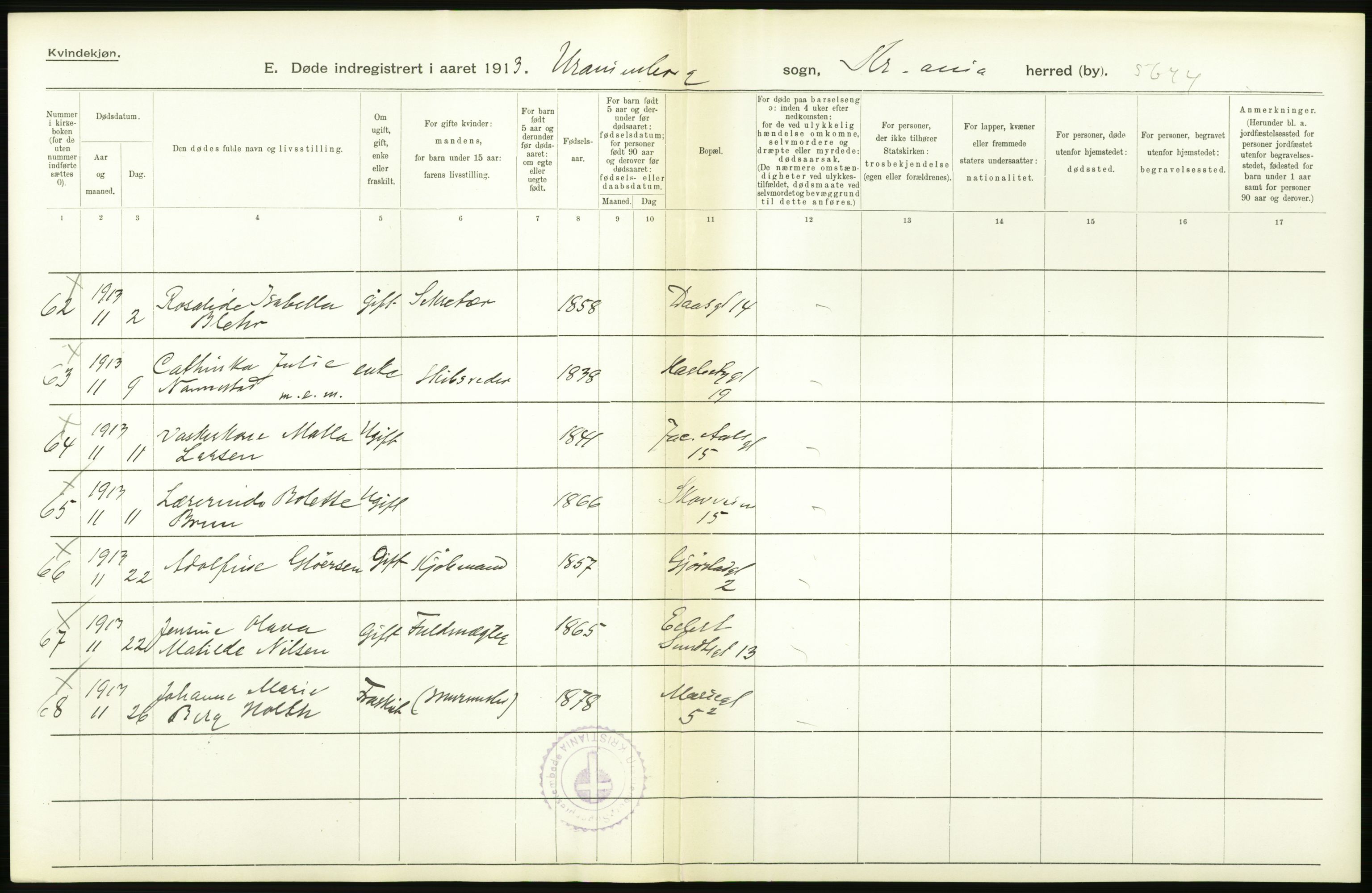 Statistisk sentralbyrå, Sosiodemografiske emner, Befolkning, AV/RA-S-2228/D/Df/Dfb/Dfbc/L0009: Kristiania: Døde., 1913, s. 4