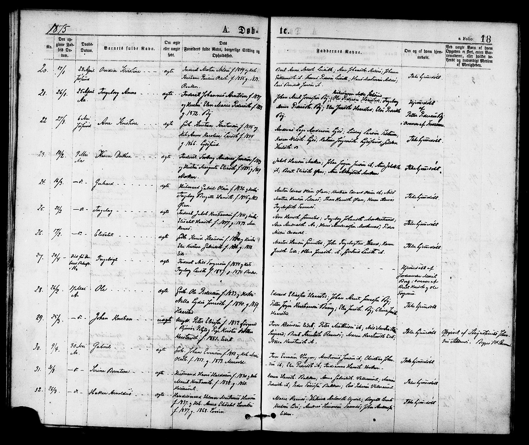 Ministerialprotokoller, klokkerbøker og fødselsregistre - Sør-Trøndelag, SAT/A-1456/655/L0679: Ministerialbok nr. 655A08, 1873-1879, s. 18