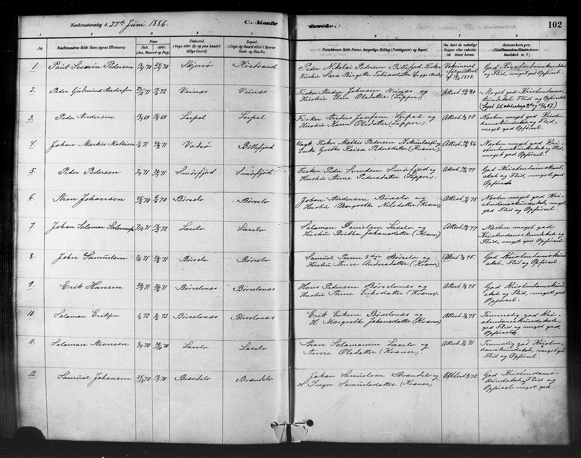 Kistrand/Porsanger sokneprestembete, AV/SATØ-S-1351/H/Ha/L0007.kirke: Ministerialbok nr. 7, 1881-1889, s. 102