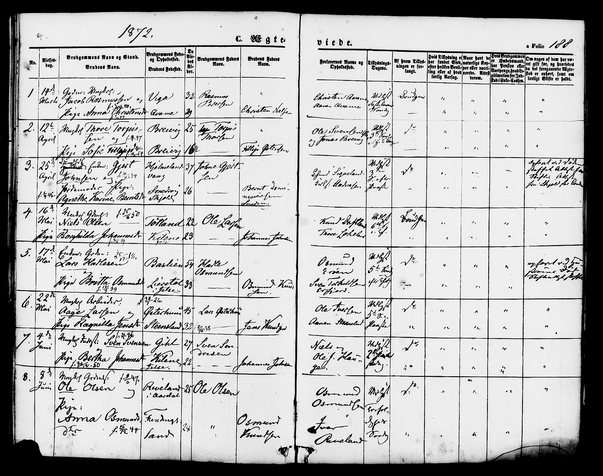 Hjelmeland sokneprestkontor, AV/SAST-A-101843/01/IV/L0011: Ministerialbok nr. A 11, 1861-1878, s. 188