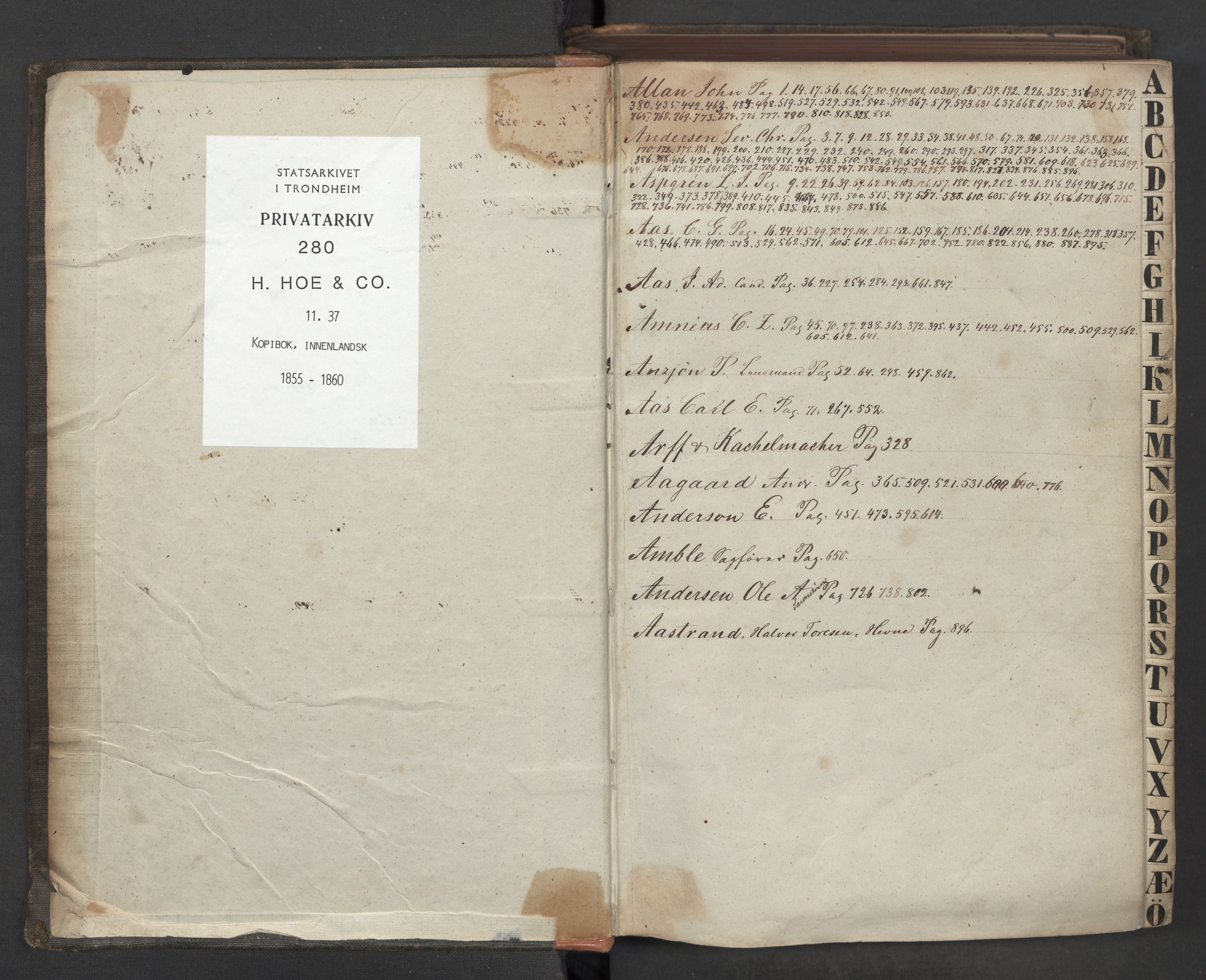 Hoë, Herman & Co, SAT/PA-0280/11/L0037: Kopibok, innenlandsk, 1855-1860