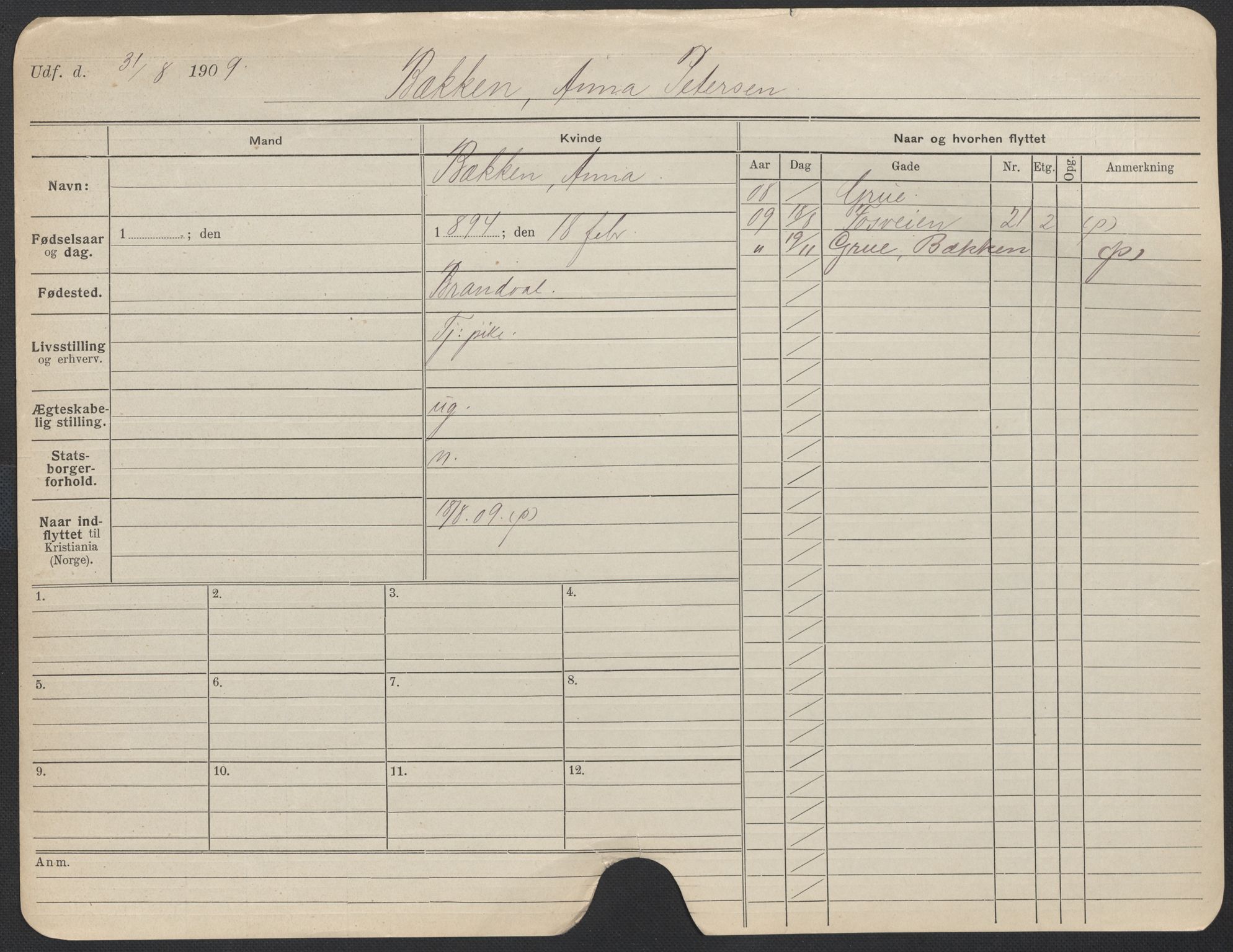 Oslo folkeregister, Registerkort, AV/SAO-A-11715/F/Fa/Fac/L0013: Kvinner, 1906-1914, s. 26a