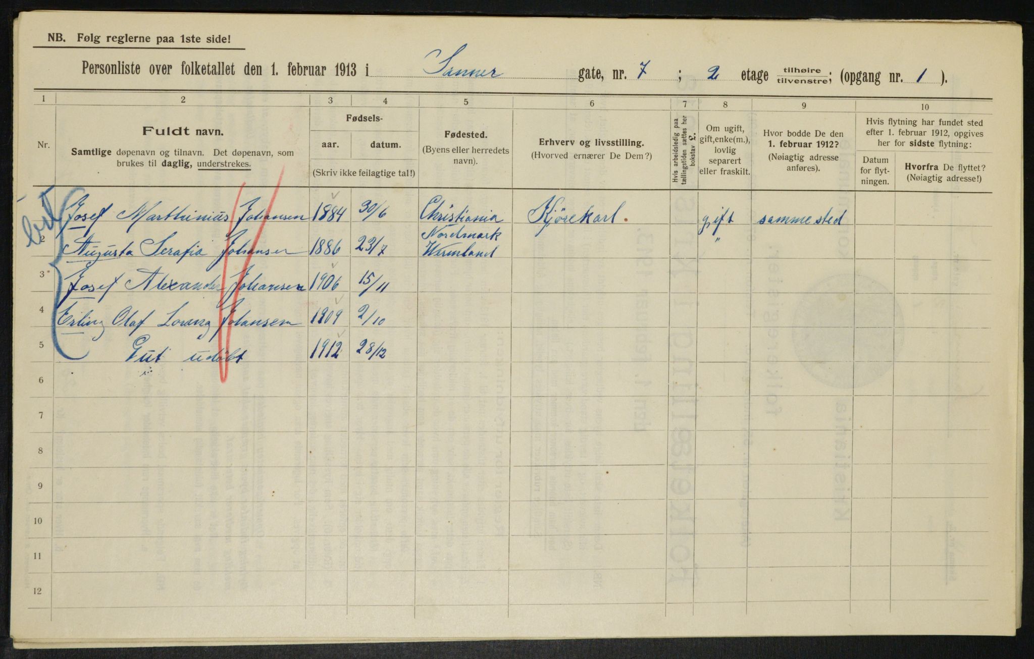 OBA, Kommunal folketelling 1.2.1913 for Kristiania, 1913, s. 88506