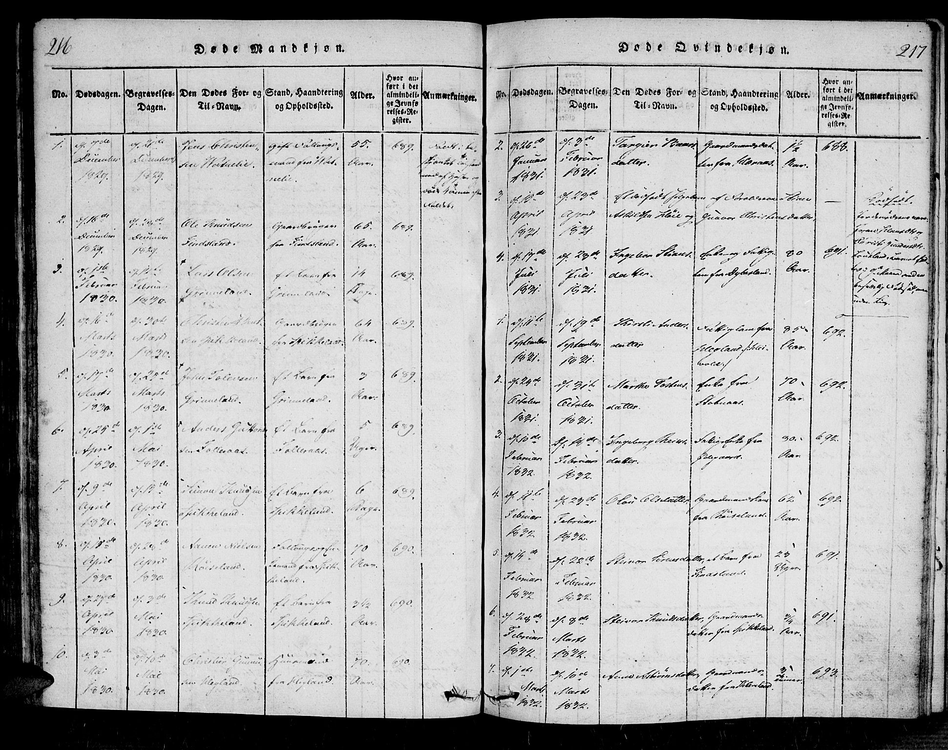 Bjelland sokneprestkontor, SAK/1111-0005/F/Fa/Fab/L0002: Ministerialbok nr. A 2, 1816-1869, s. 216-217