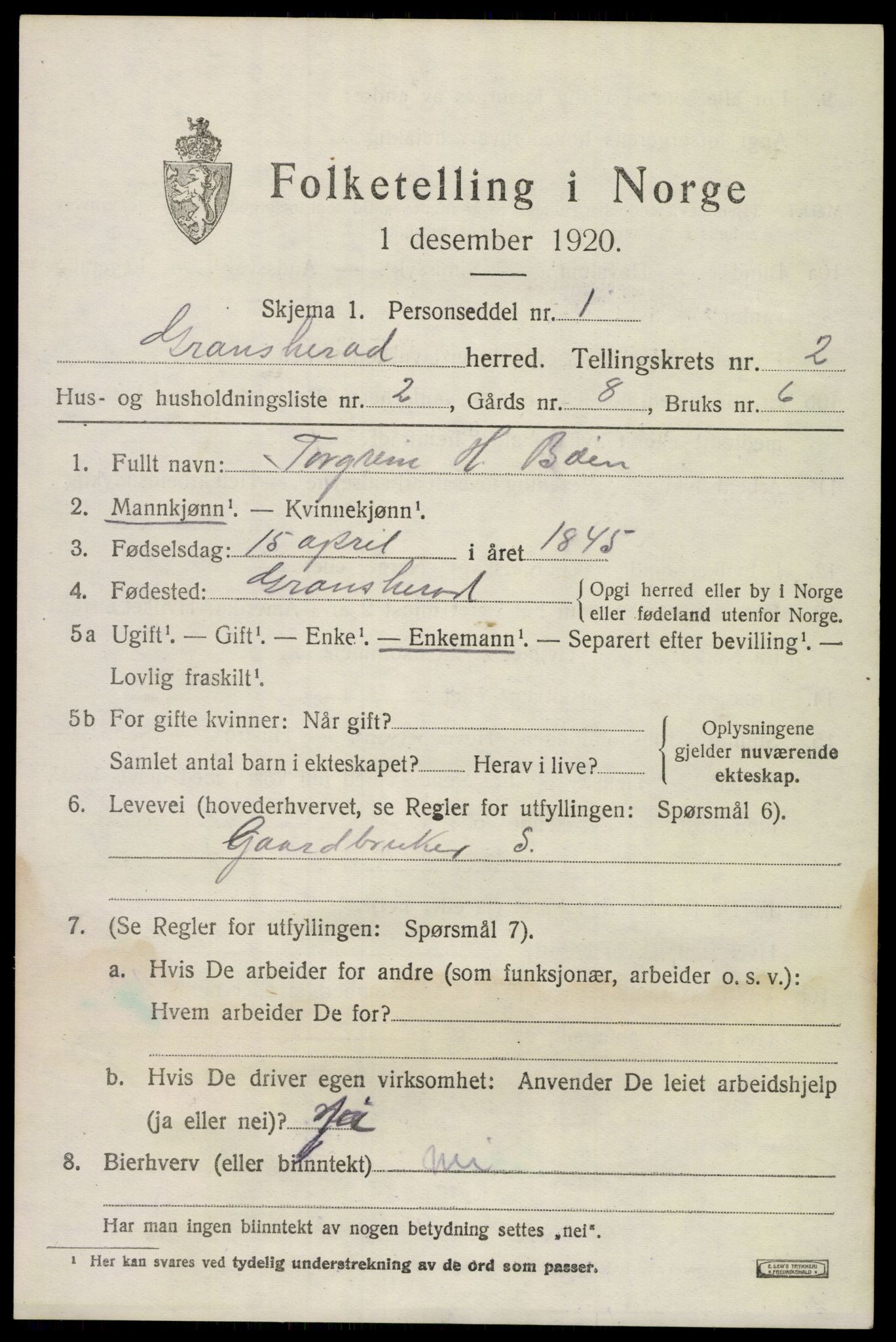 SAKO, Folketelling 1920 for 0824 Gransherad herred, 1920, s. 974