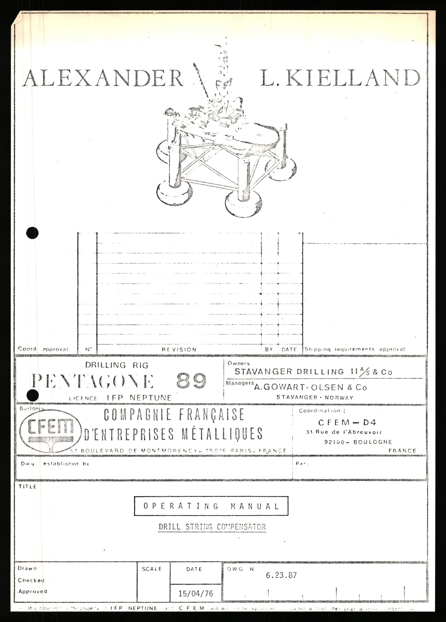 Pa 1503 - Stavanger Drilling AS, AV/SAST-A-101906/2/E/Eb/Ebb/L0008: Alexander L. Kielland plattform - Operation manual, 1976, s. 1