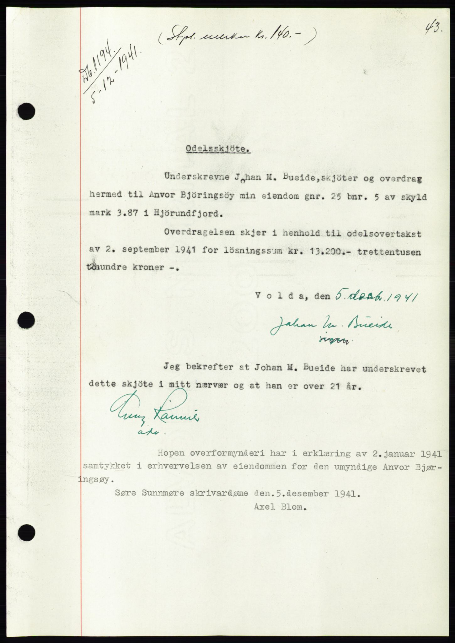 Søre Sunnmøre sorenskriveri, SAT/A-4122/1/2/2C/L0073: Pantebok nr. 67, 1941-1942, Dagboknr: 1194/1941