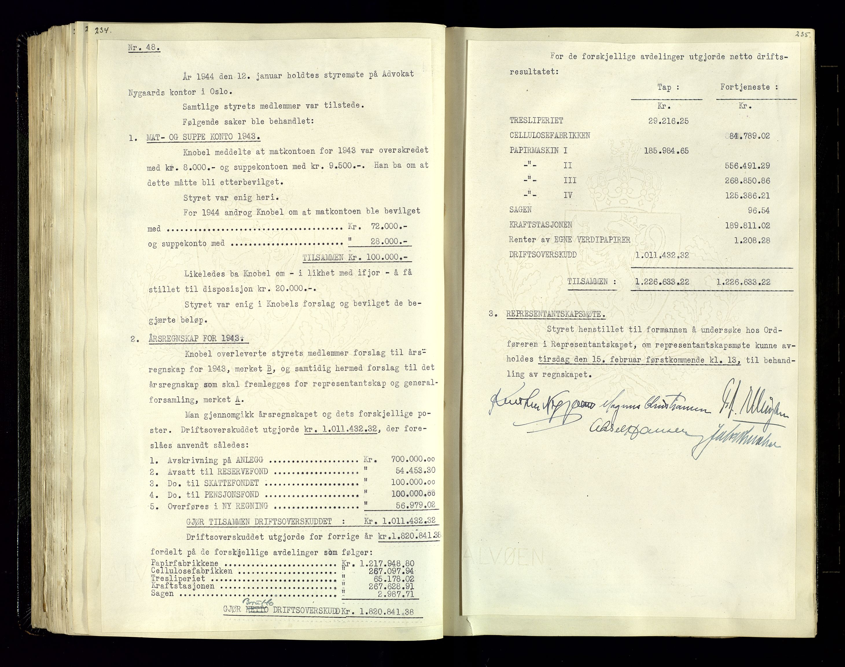 Hunsfos fabrikker, SAK/D/1440/02/L0006: Referatprotokoll fra styremøter, 1938-1950, s. 234-235