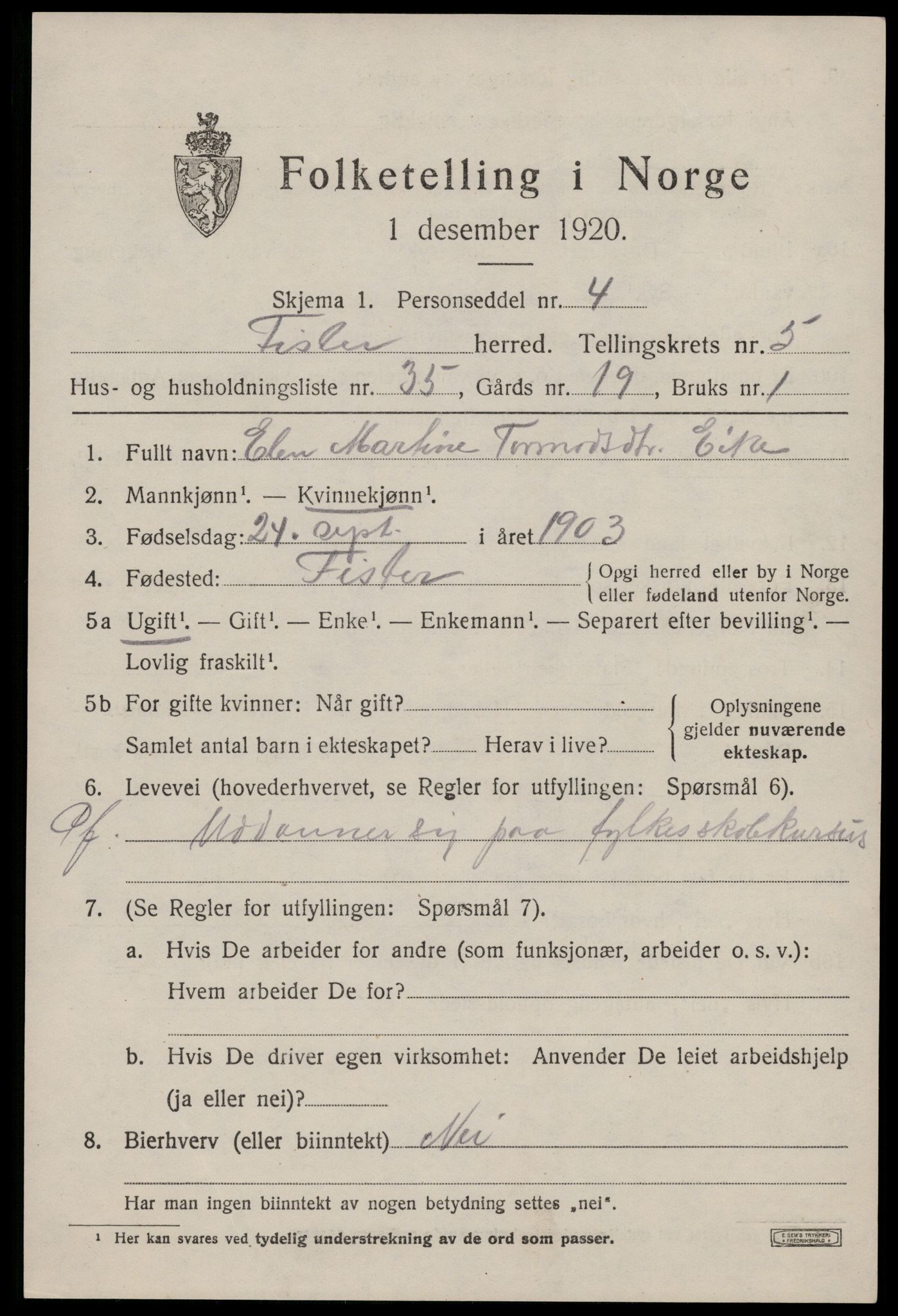 SAST, Folketelling 1920 for 1132 Fister herred, 1920, s. 1673